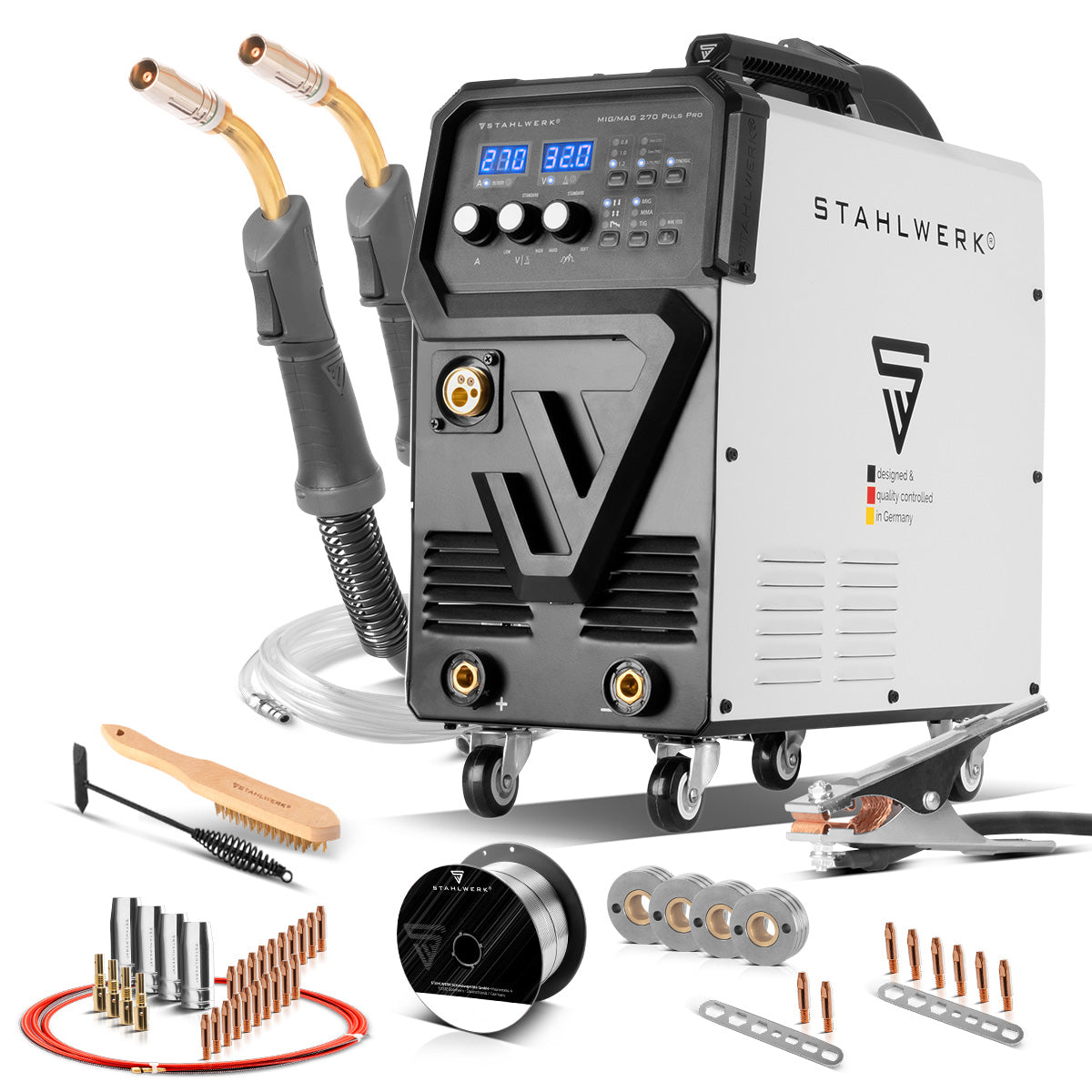 Steelworks welding machine MIG 270 pulse Pro | 4-in-1 protective gas welding device with pulse function, AK25/MB25 aluminum welding burner and wearing section set for aluminum welding | Inverter with 270 A, spot function, synergic wire feed, 4-roll drive
