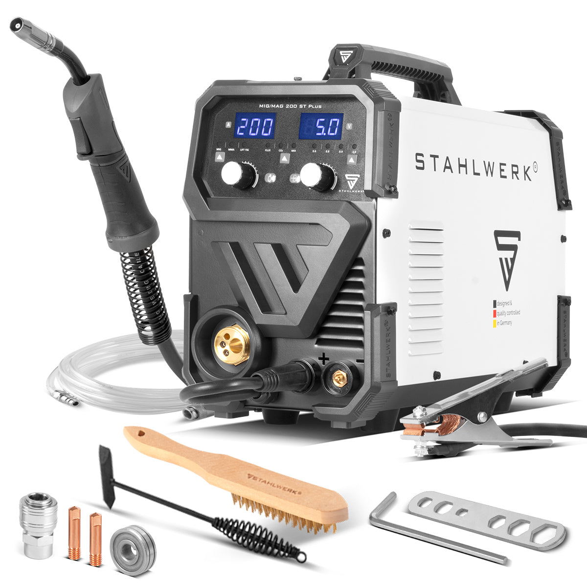 Stahlwerk welding machine MIG MAG 200 ST plus protective gas welding equipment | IGBT Inverter with 200 A, synergic wire feed, flux, lift-tig and MMA | ARC function