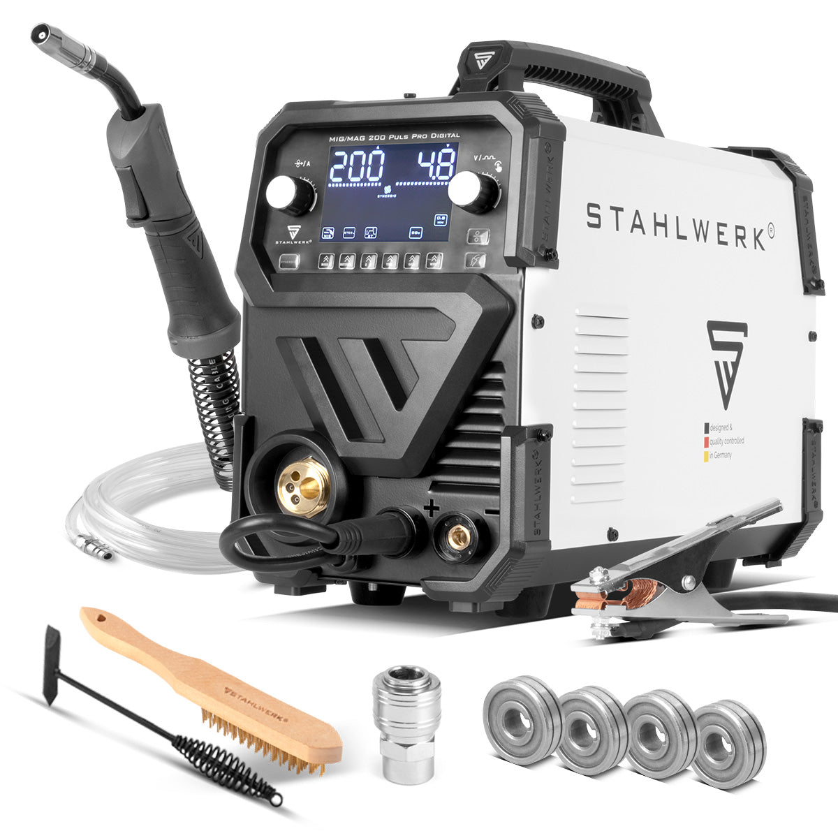 STAHLWERK MIG MAG 200 Spot Puls Pro Poste de soudage numérique au gaz inerte | Onduleur IGBT 200 A | Dévidoir synergique | Entraînement à 4 rouleaux | Fonction de soudage FLUX, Lift-TIG, MMA/ARC, CuSi | Impulsion MIG pour l'aluminium