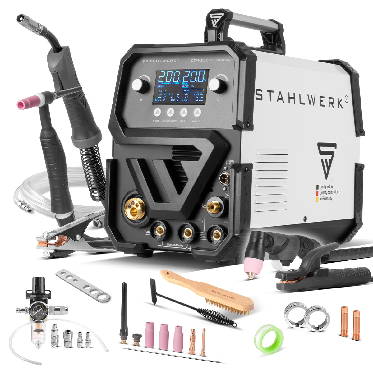 Dispositivo de soldadura Combi Stahlwerk CTM-2550 ST Digital 5-en-1 Dispositivo de soldadura de gas protector | Inversor con 200 A, alimentación de alambre sinérgico e integrado 50 A cortador de plasma | Peluca | Mig Mag | MMA | Flujo
