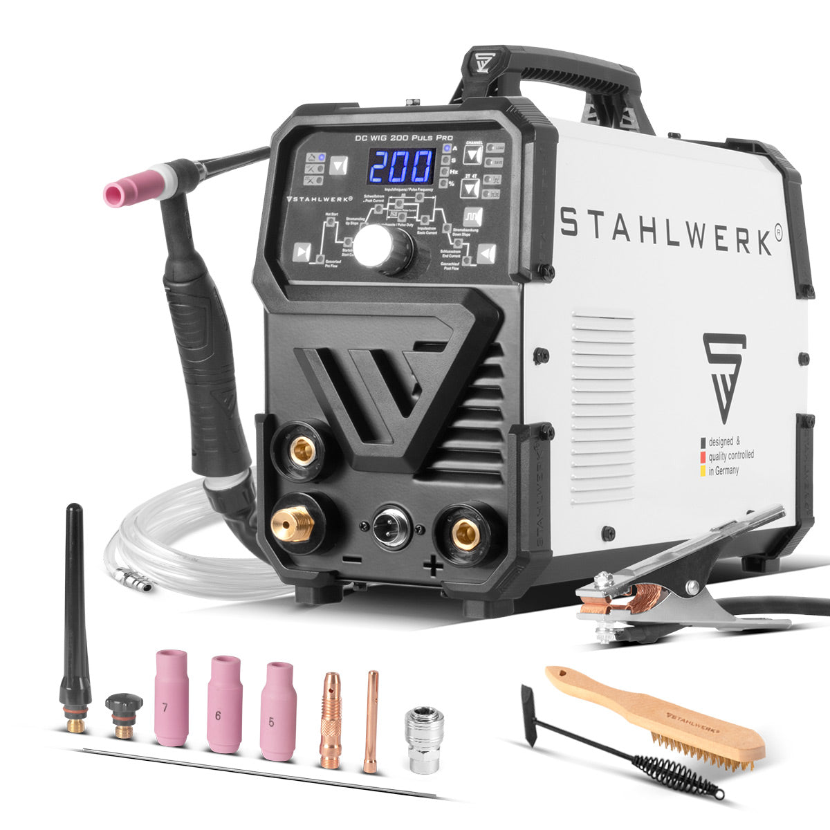 Machine de soudage Steelworks 2-en-1-Combi DC Wig 200 Puls Profes Professional Wig Machine de soudage avec une fonction E-Hand et Pulse, adaptée à la tôle mince