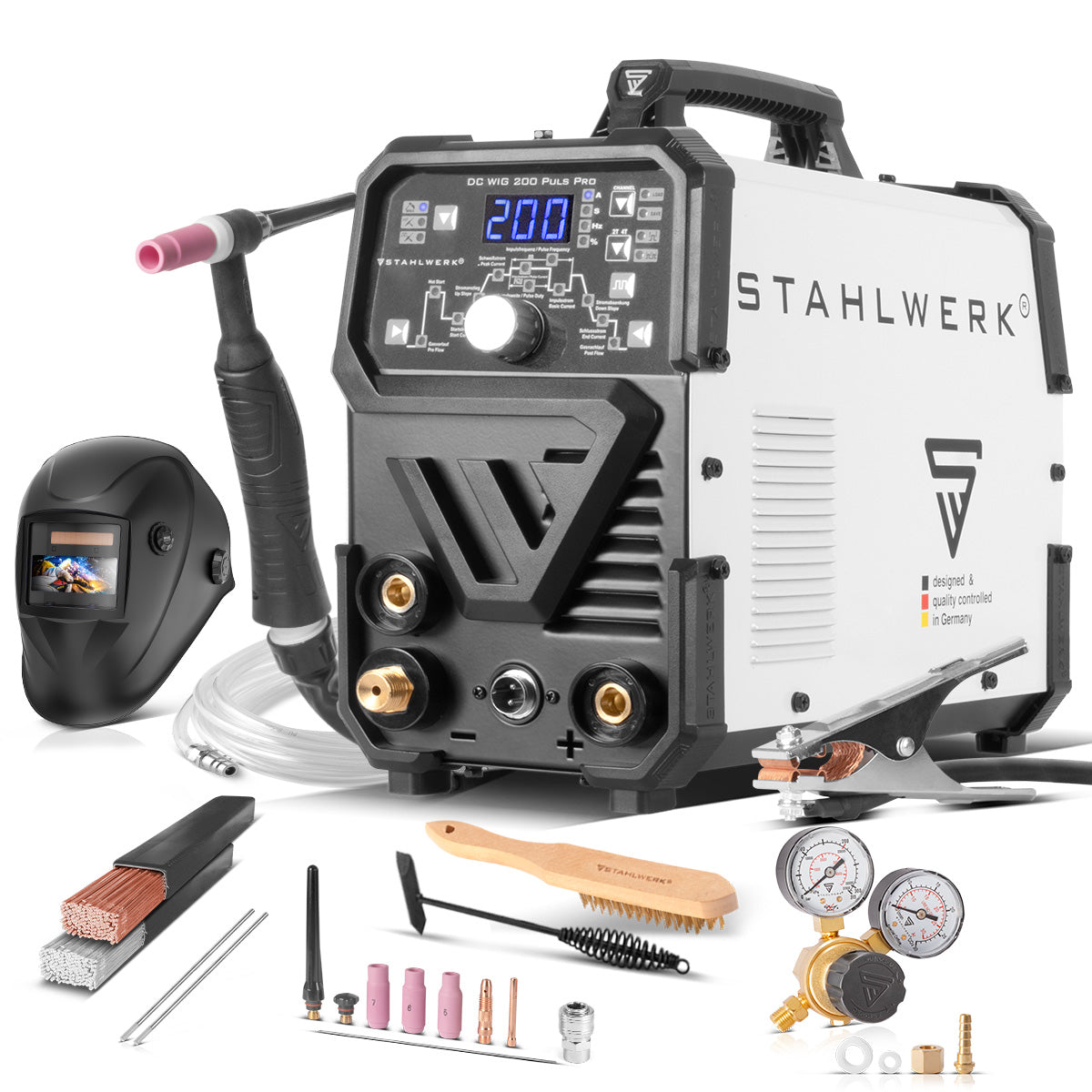 STAHLWERK DC TIG 200 Puls Pro مجهزة بالكامل - آلة لحام TIG رقمية احترافية مع وظيفة MMA الكهربائية اليدوية والنبضية، مناسبة للصفائح المعدنية الرقيقة