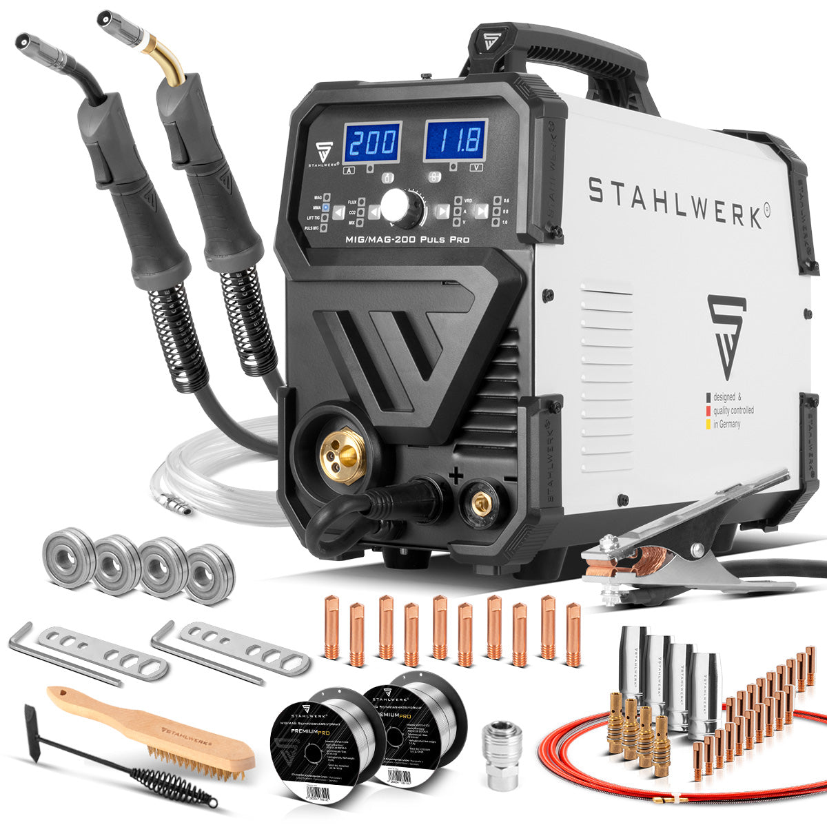 STAHLWERK MIG MAG 200 Puls Pro inert gas welding machine Fully synergic 5 in 1 combination device with real 200 amps including AK25/MB25 aluminum welding torch, wearing parts set for aluminum welding