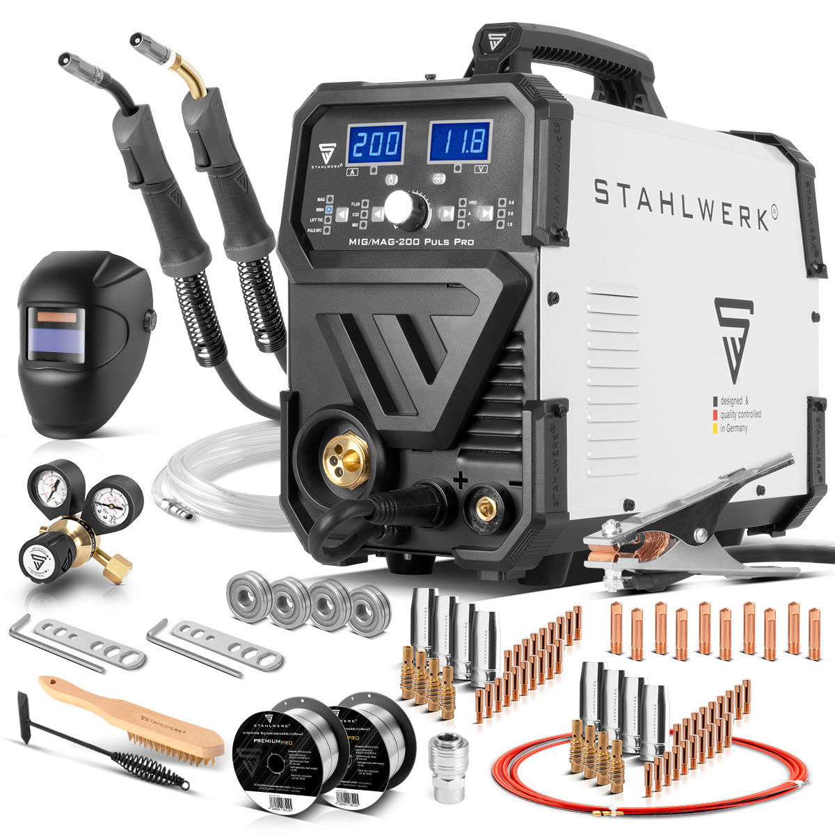 STAHLWERK MIG MAG 200 Puls Pro inert gas welding machine fully equipped, fully synergic 5 in 1 combination device with real 200 amp AK25/MB25 aluminum wearing parts set for aluminum welding
