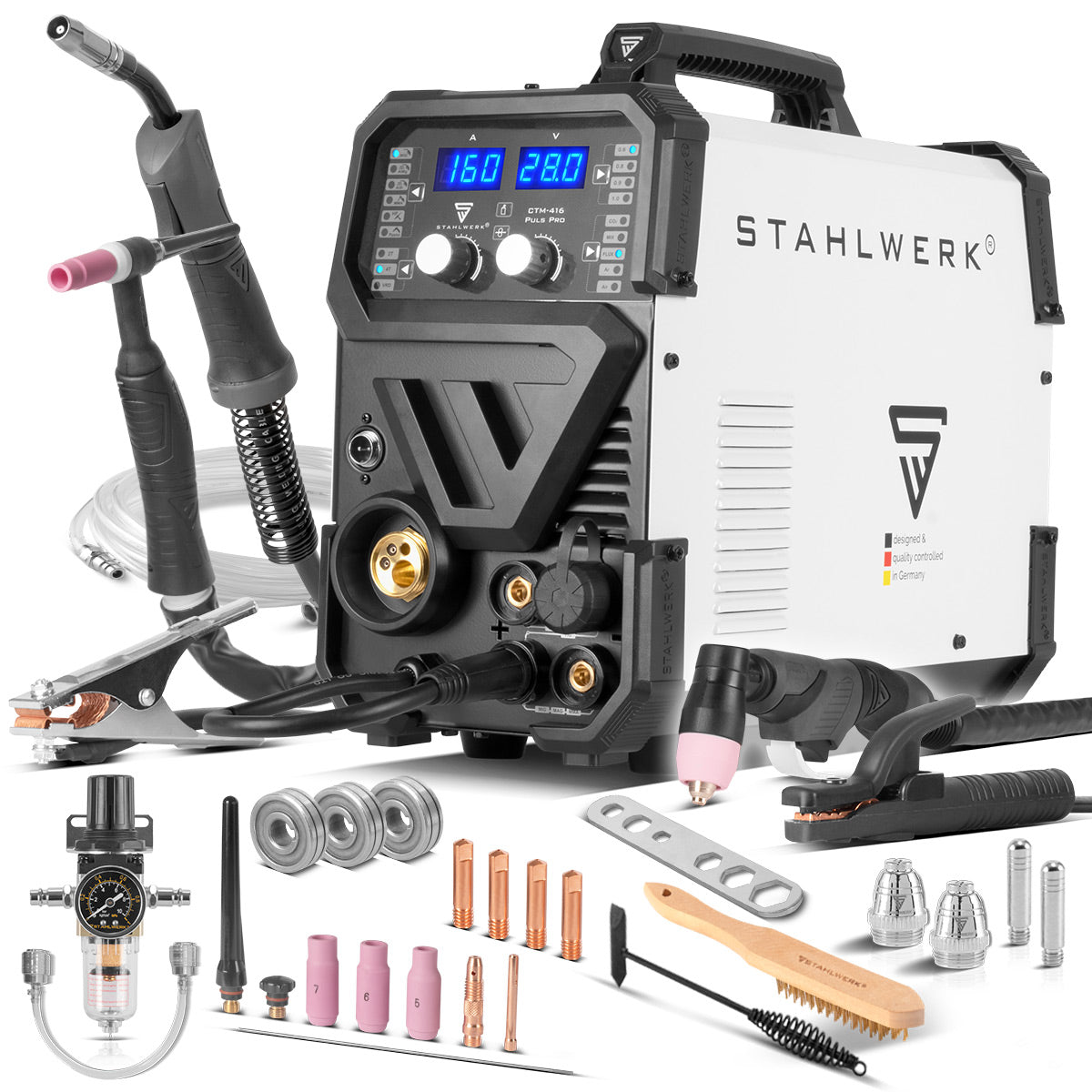 STAHLWERK Schweißgerät CTM-416 Puls Pro 6-in-1 Schutzgas-Schweißgerät | Inverter mit 160 A, Puls-Funktion für Aluminium und 40 A Plasmaschneider CUT | WIG | MIG MAG | PULS | MMA | FLUX