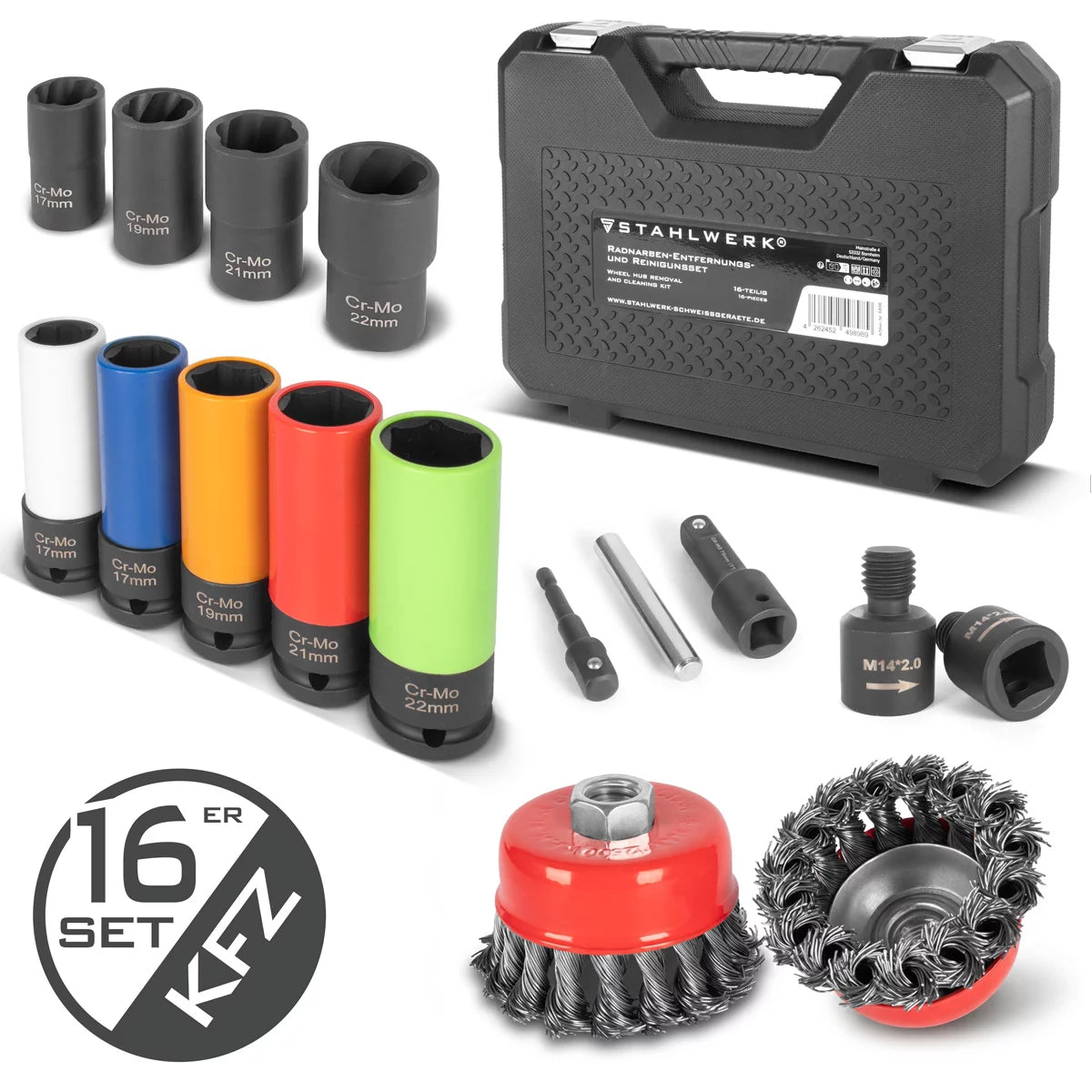 Set de desmontaje y limpieza de bujes de rueda STAHLWERK | 16 piezas | 4 tuercas giratorias | 5 nueces blandas | Entrada 1/2" | 17-22 mm | 2 cepillos copa 65/75 mm con adaptador M14 x 2 | Alargador | Punzón 12 mm