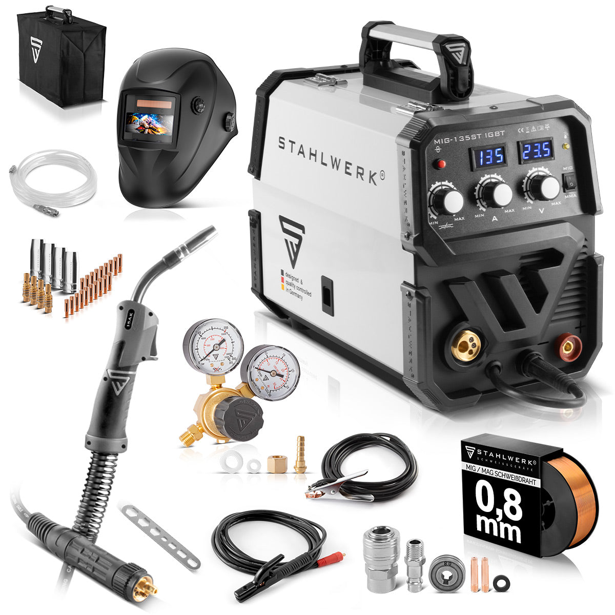 Steelworks welding machine MIG MAG 135 St IGBT Full equipment / protective gas welding device with a synergic wire feed and real 135 Ampere / combination welding device
