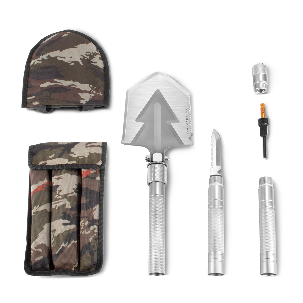 Steelwork Multi-tool / multifunctional tool / outdoor survival kit with folding spades, multifunction knives, saw, emergency hammer and signal pipe with fire steel