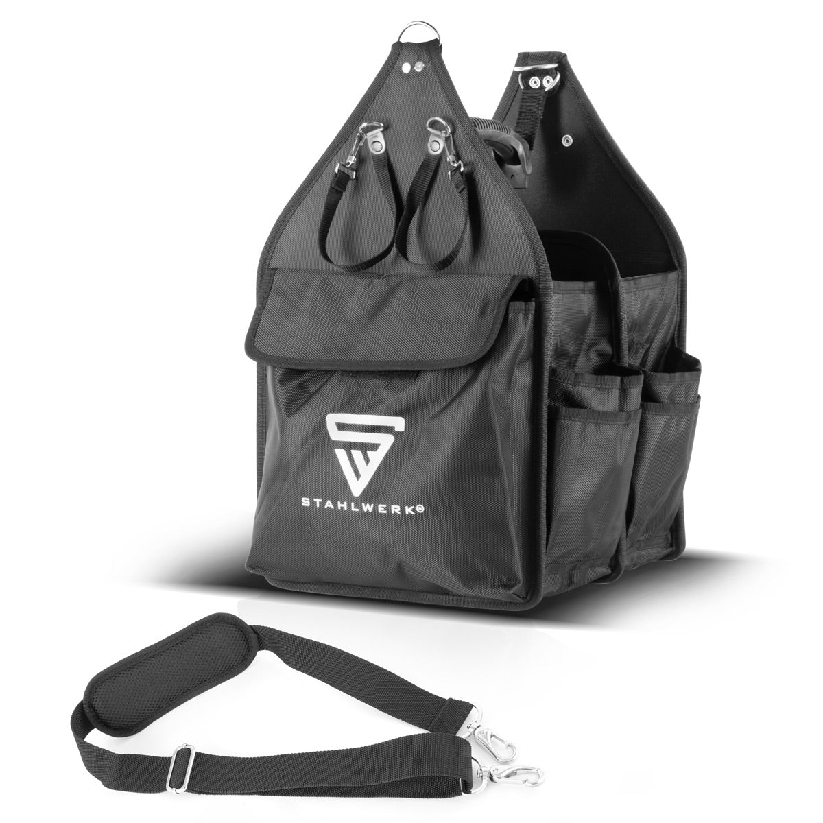 Borsa per utensili Stahlwerk con 11 tasche esterne e 2 grandi compartimenti interni con 5 tasche interne, robusto custodia per assemblaggio / borsa per utensili con manico e tracolla in tessuto durevole in poliestere