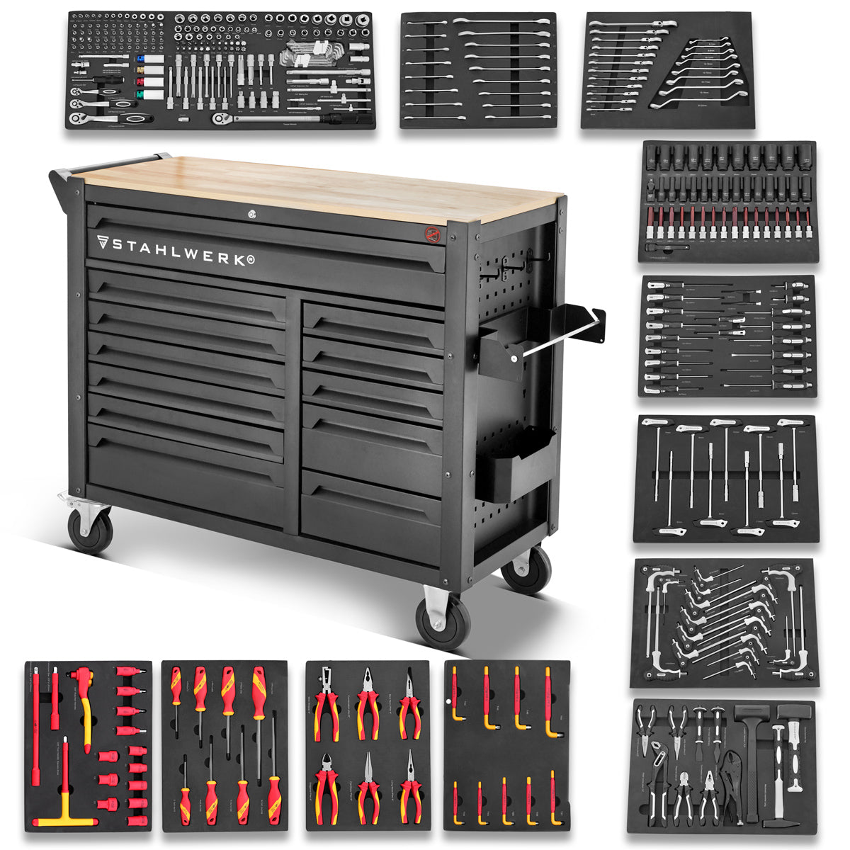 Atelier Steelworks Car Dino équipé de 364 outils premium en chroma Venle Verrouilable XXL Tool Car | Conduits d'assemblage professionnel avec 12 tiroirs et rouleaux à longue durée de vie caoutchoutés