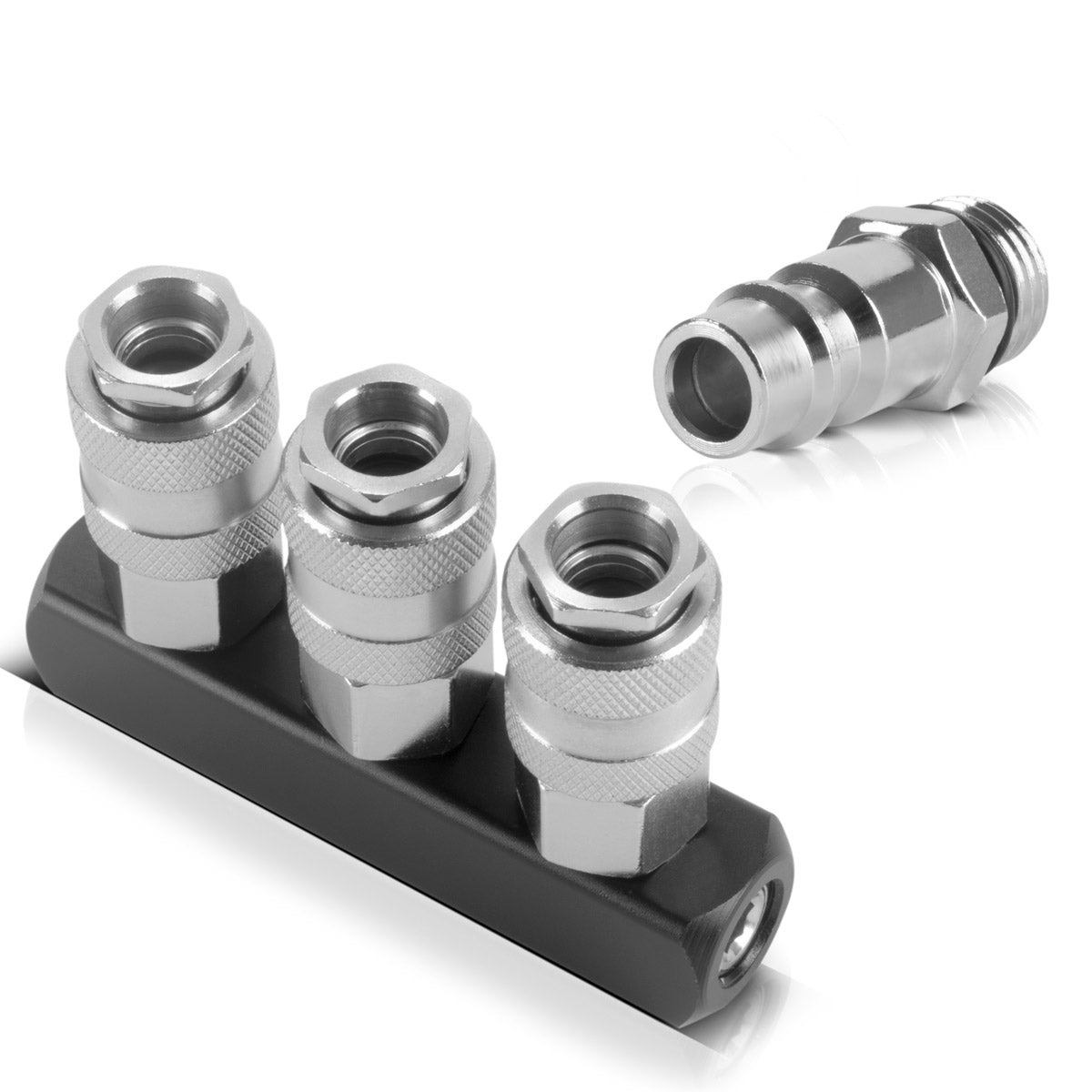 Distributeur d'air comprimé en acier 3 fois | Connexion du distributeur à 3 voies | Adaptateur d'air comprimé | Distributeur pneumatique jusqu'à 35 bar avec un fil de connexion NW 7,2 et 1/4 pouce pour les compresseurs d'air comprimés
