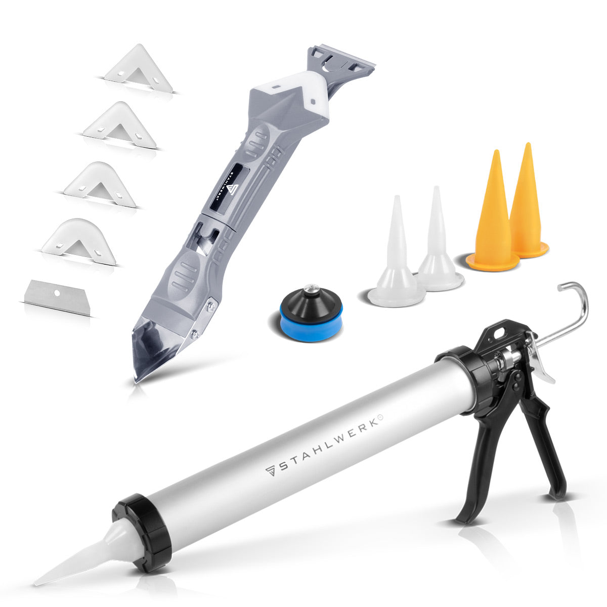 Steelwork Silicone pistol SP-600 ST with silicone filler 600 ml aluminum cartridge press | Cartrup pistol including silicone-scrub | Fugen puller | Fugue smoothing | Silicone remover