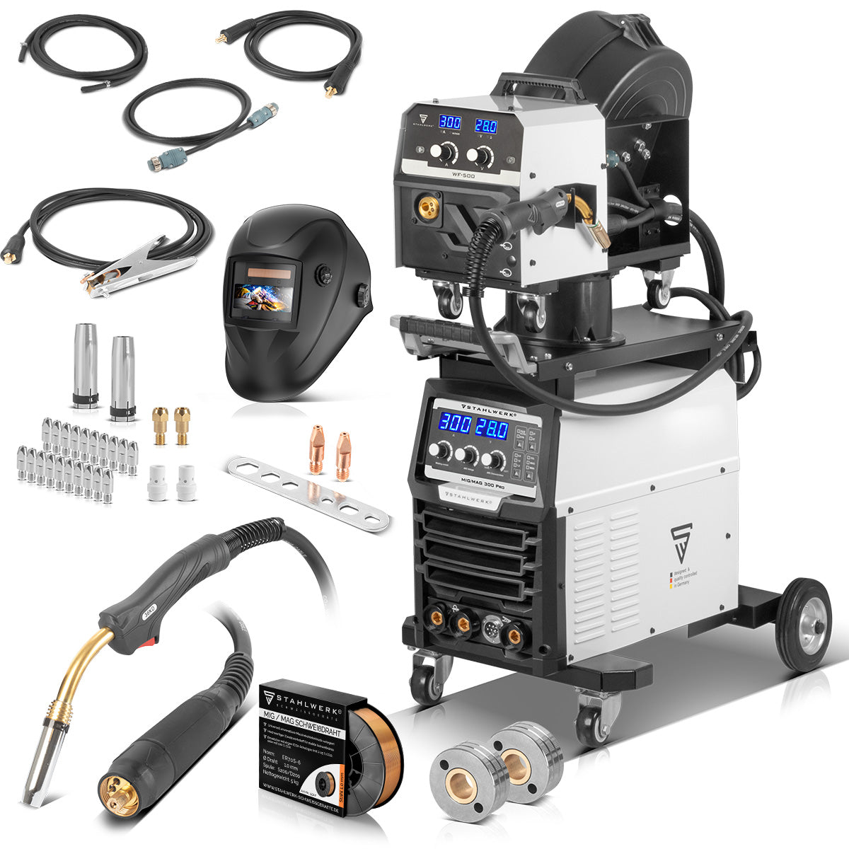 STAHLWERK Schweißgerät MIG MAG 300 Pro Vollausstattung Vollsynergischer IGBT Inverter mit 300 A und Puls-Funktion 3-in-1 Kombi-Schweißanlage MIG MAG | MMA | Lift-TIG