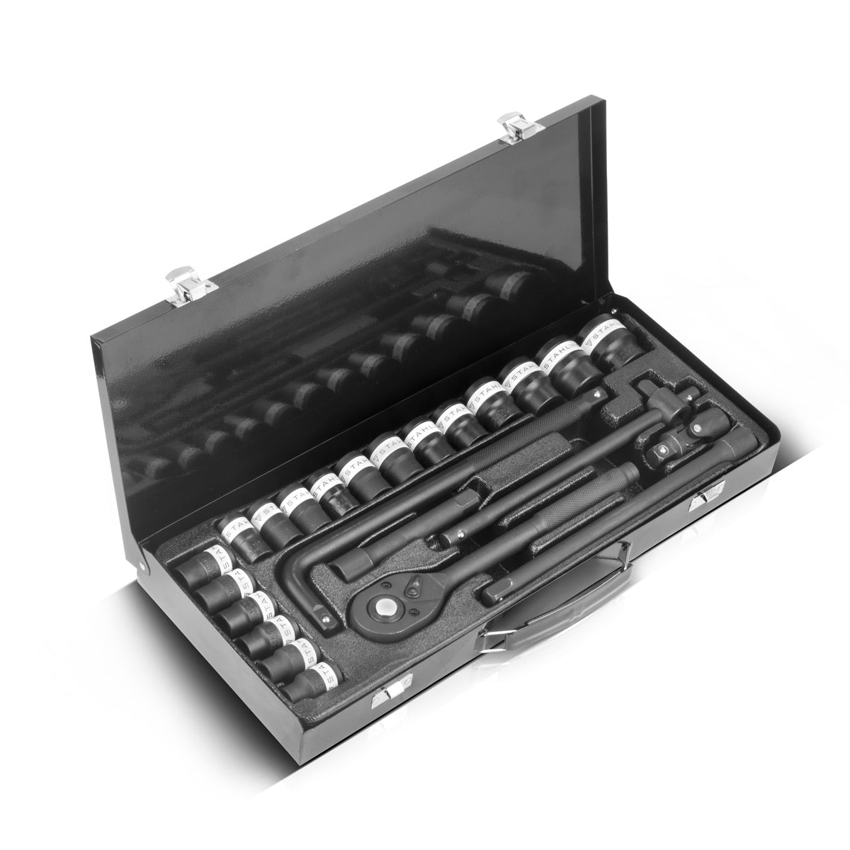 STAHLWERK Steckschlüssel-Satz 24-teiliger Knarrenkasten | Ratschen-Set | Steckschlüssel-Set | Stecknuss-Satz | Ratschenkasten | Steckschlüsselkasten mit 1/2" Umschaltknarre, Stecknüssen und Zubehör
