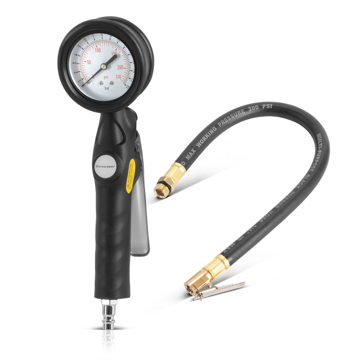 Pistolet de pneu à air comprimé Steelworks DRA-162 ST | Remplissage de pneus d'air comprimé avec gamme de mesure de manomètre | Testeur de pression des pneus 2 en 1 pour les voitures, camions, moto, vélo | Plage de mesure 0 à 16 bar / 0 à 230 psi