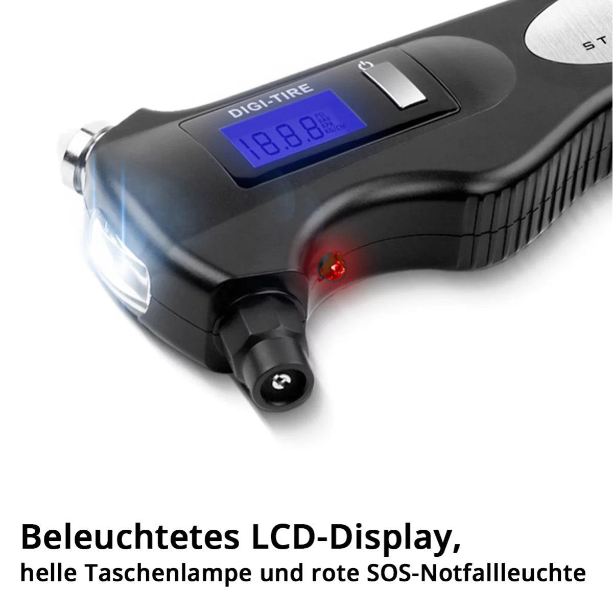 STAHLWERK 5-in-1 Reifendruckprüfer mit LED-Licht | Digitaler Luftdruckprüfer | Gurtschneider | Notfallhammer | Arbeitsleuchte | Multifunktionales Luftdruckmessgerät für PKW, Fahrrad, Auto