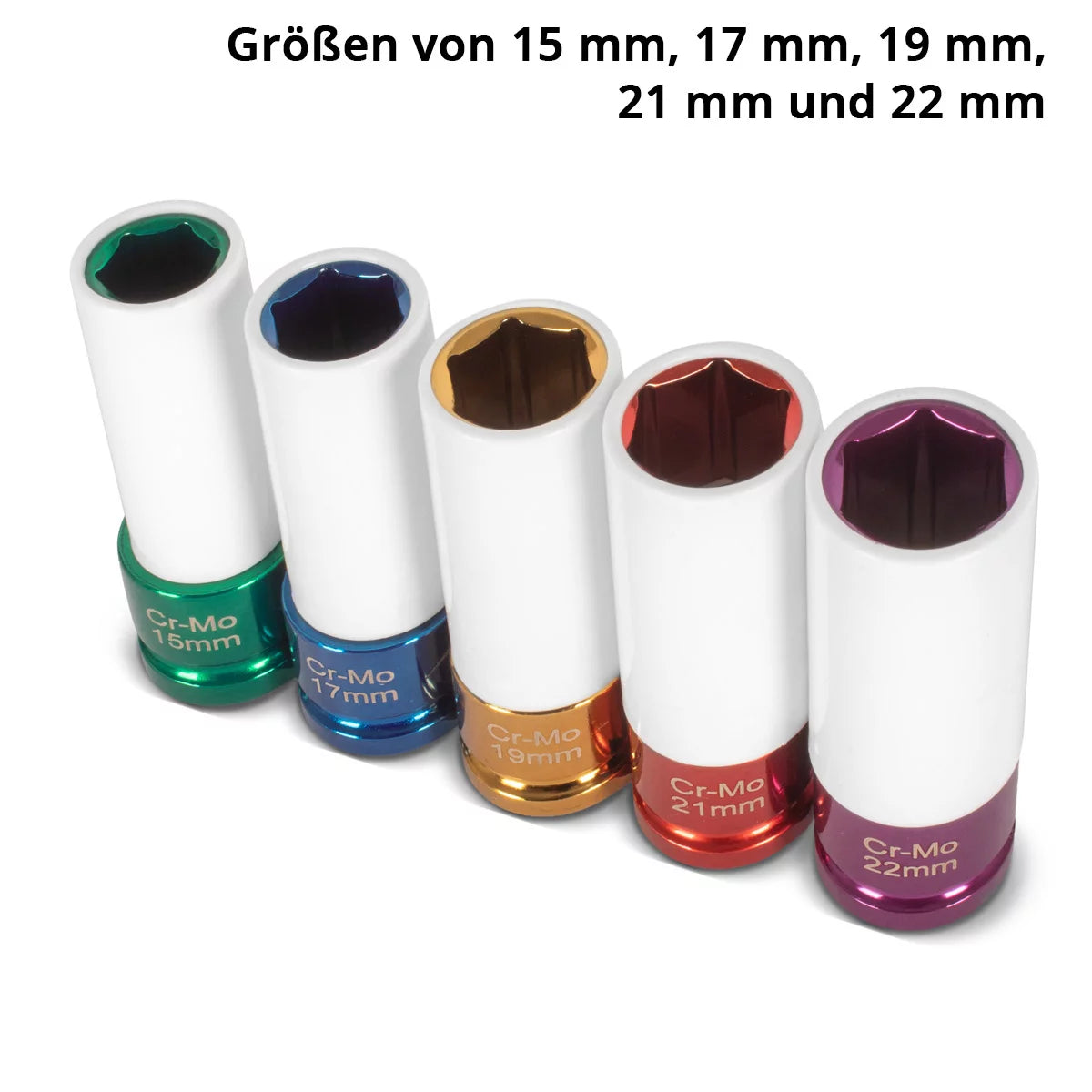 Jeu de douilles pour clés à chocs STAHLWERK, entraînement 1/2" | 5 douilles de protection 15, 17, 19, 21, 22 mm | Pour un changement facile des roues | Douilles Cr-Mo pour jantes en aluminium | Avec protection de jante | Profil 6 points | Code couleur