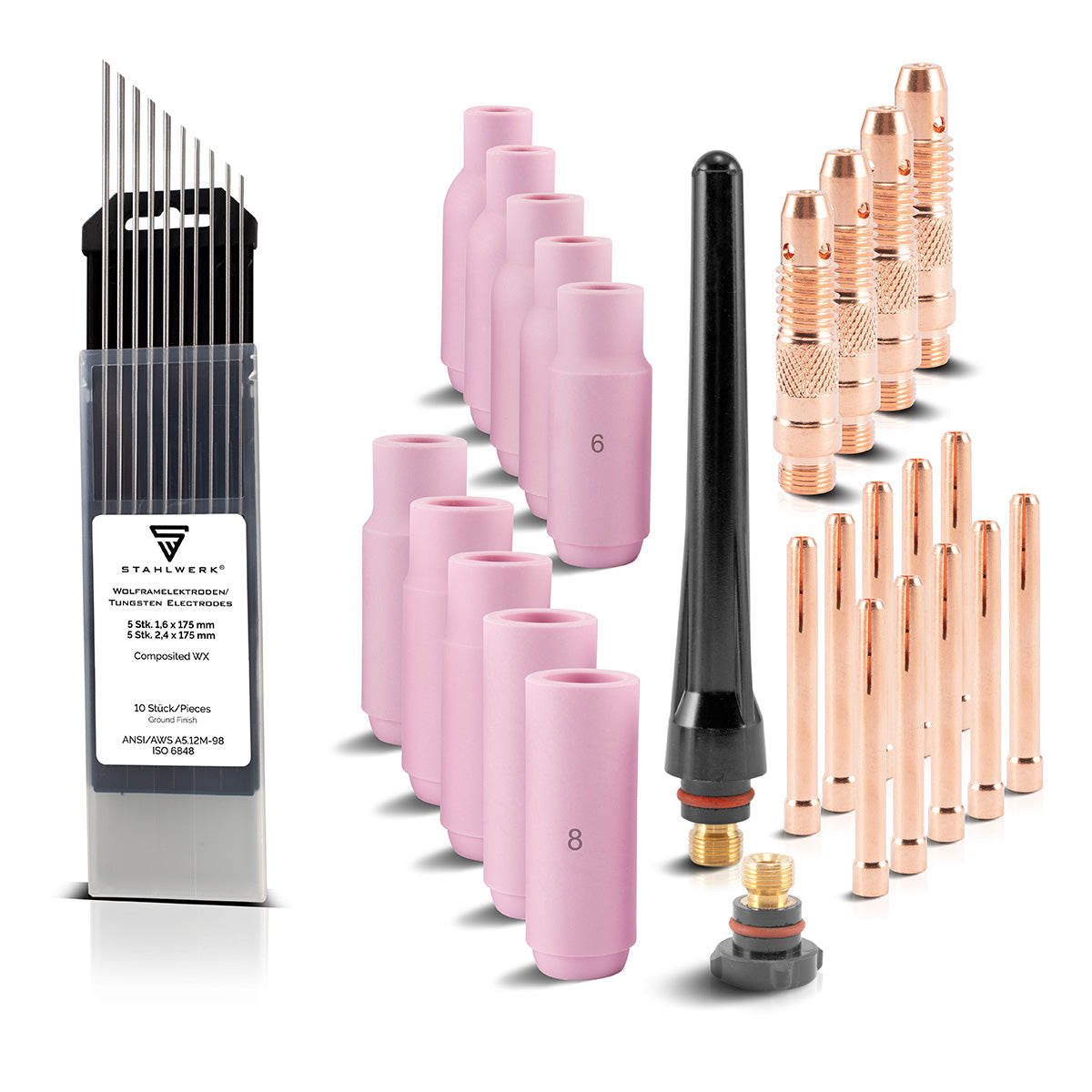 Acciaio WP-26 WIG WIGHING ACCESSORI DELL'OSSAMENTO: maniche di serraggio + alloggiamento + ugelli in ceramica + elettrodi di tungsteno per WP Sr Binzel 17 18 26 Burner per saldatura delle parrucche, impostato 36 pezzi.