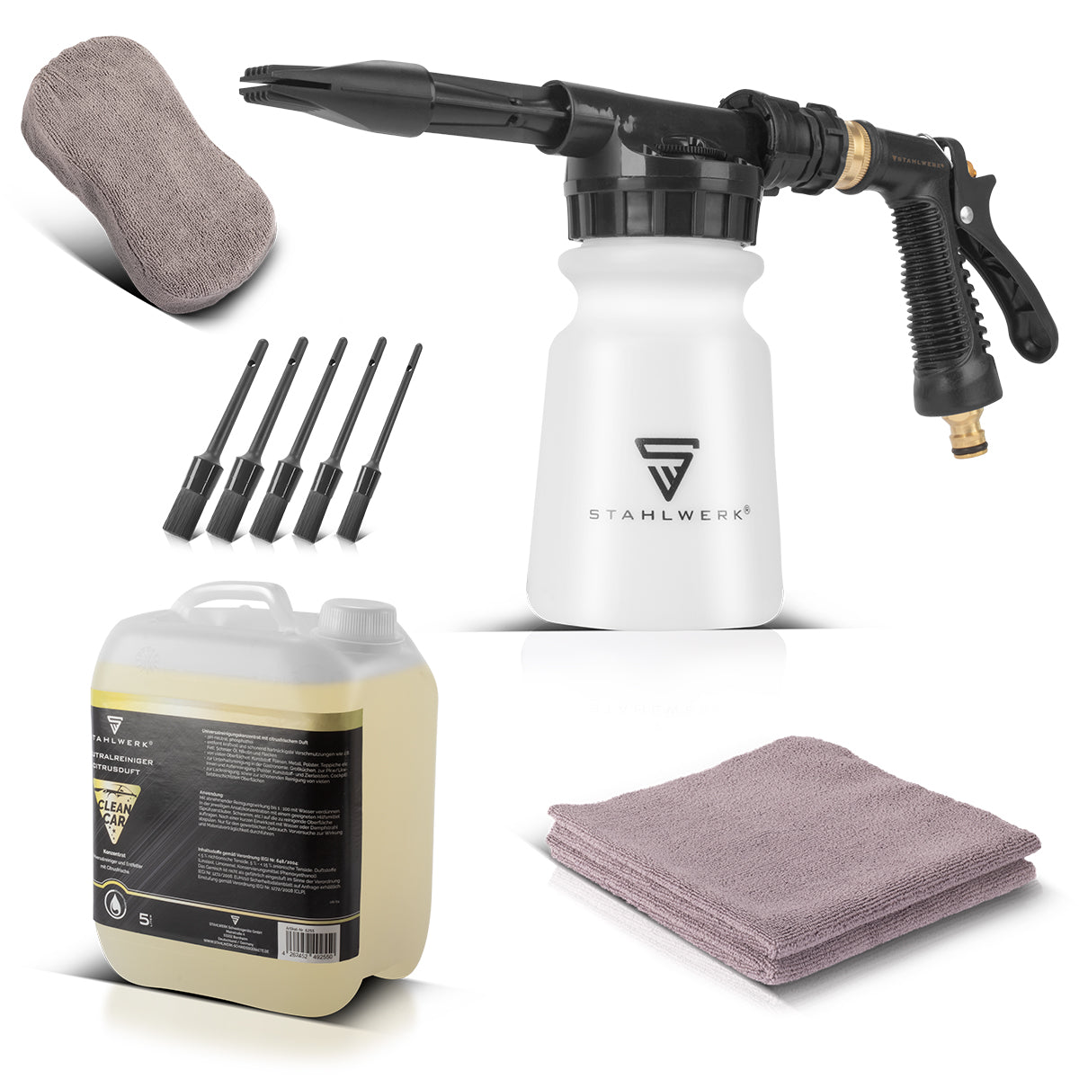 Stahlwerk Autowason Foam Spray Gun Rp-91 St con un recipiente extraíble para agentes de limpieza en el set con limpiador universal de 5 litros, pinceles detallados, paños de microfibra de automóvil