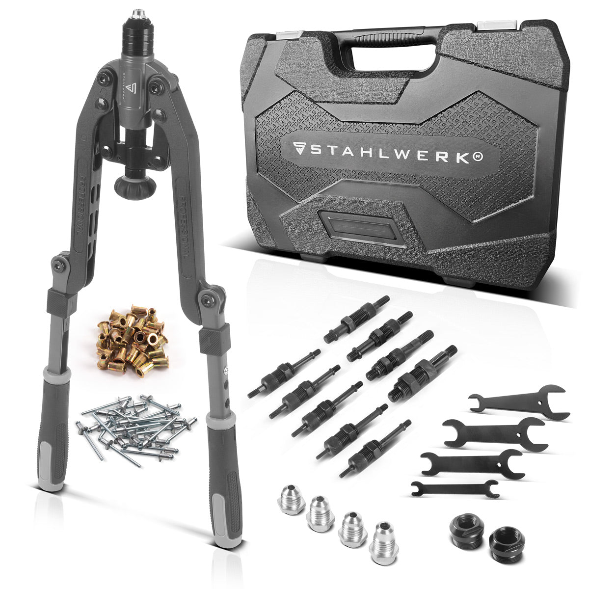 Steel mill rivet nut and blind riveting tongs set 85-part | versatile 2-in-1 rental pliers for setting blind rivets and rivet nuts | Multifunctional pliers in the practical case | High quality rivet tool including rivets and threaded corner