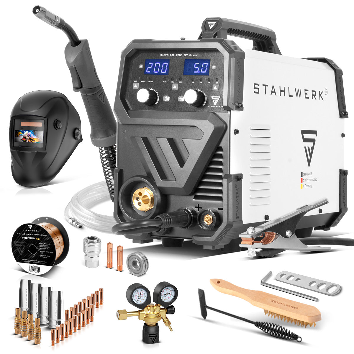 STAHLWERK Schweißgerät MIG MAG 200 ST PLUS Vollausstattung Schutzgas-Schweißgerät | IGBT Inverter mit 200 A, synergischem Drahtvorschub, FLUX-, Lift-TIG- und MMA | ARC-Funktion
