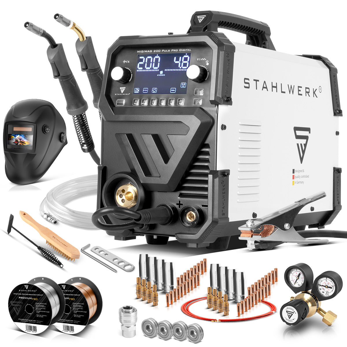 STAHLWERK MIG MAG 200 Spot Puls Pro Saldatrice digitale a gas inerte completamente attrezzata | Convertitore IGBT 200 A| Trainafilo sinergico | Azionamento a 4 rulli | FLUX, Lift-TIG, MMA, CuSi | MIG pulsato per alluminio