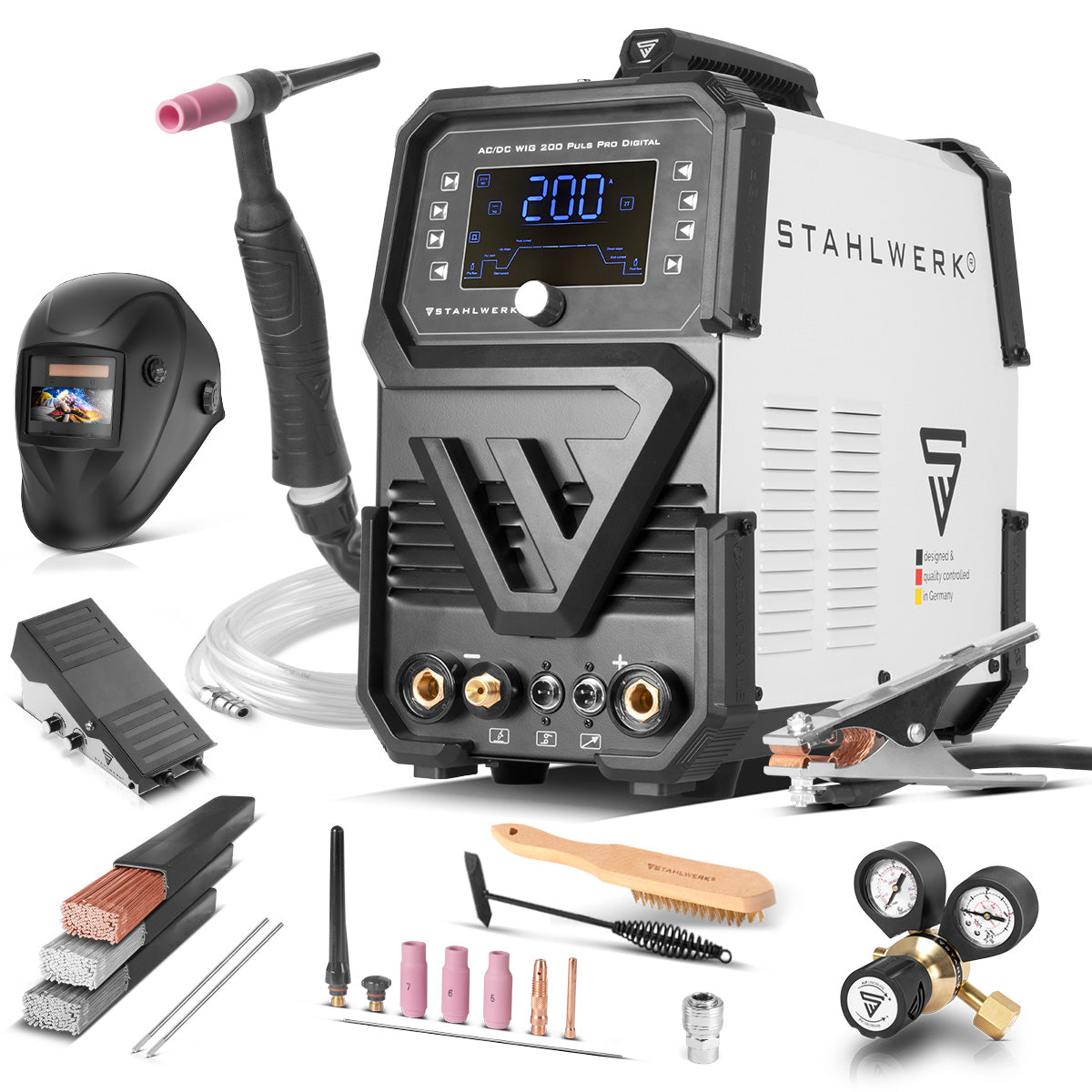 Protection d'acier Protection Disque de soudage à gaz AC / DC Wig 200 Puls Pro Digital Full Equipment IGBT Onverter avec 200 ampères, fonction arc / MMA, mémoire de travail, impulsion et fonction ponctuelle, adapté à l'aluminium et à la feuille mince