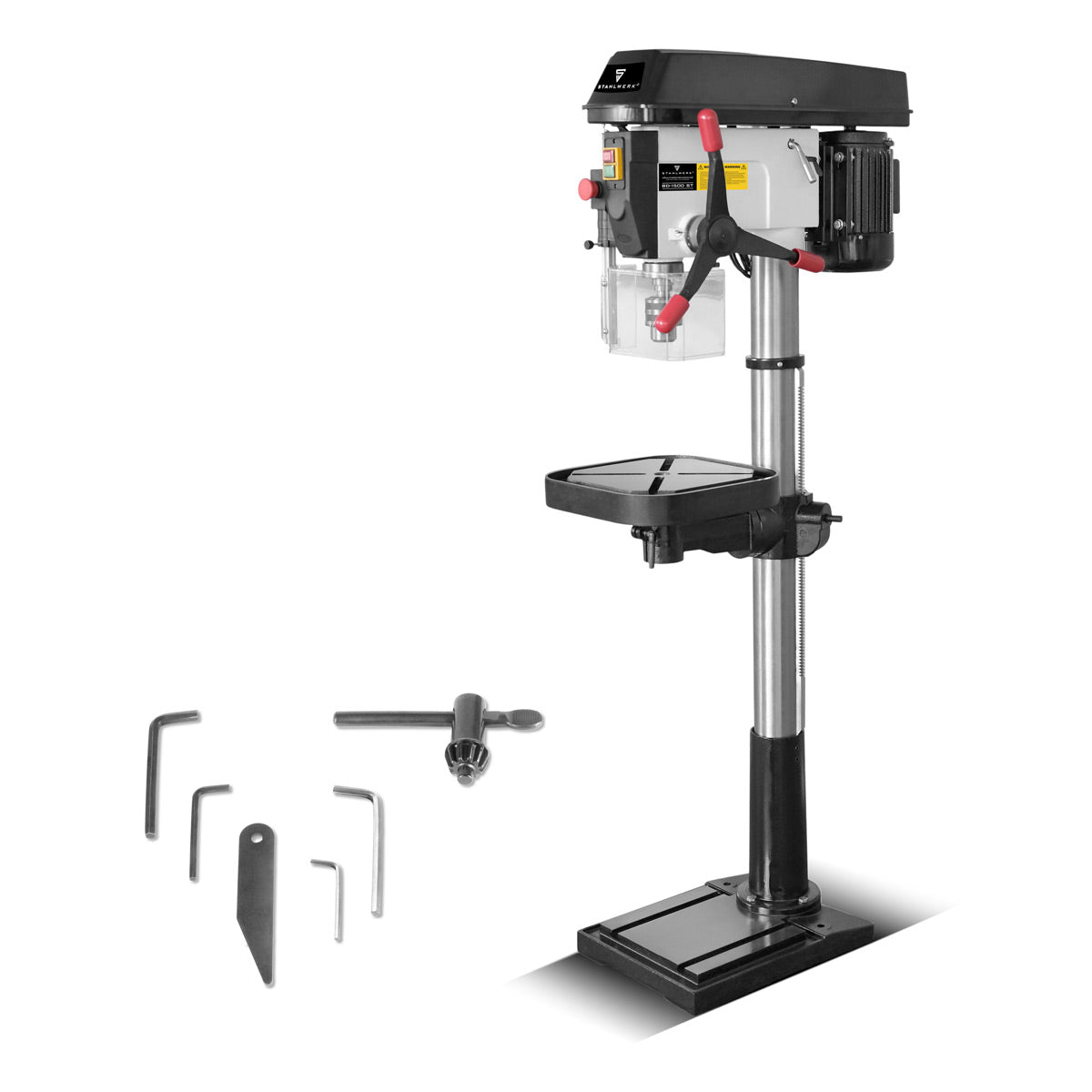 Perceuse à colonne STAHLWERK BD-1500 ST | Perceuse à colonne puissante 1500 watts pour les bricoleurs et la construction métallique | Diamètre de perçage Ø 20 mm | 150 - 2 450 tr/min | Table de perçage robuste et base en métal