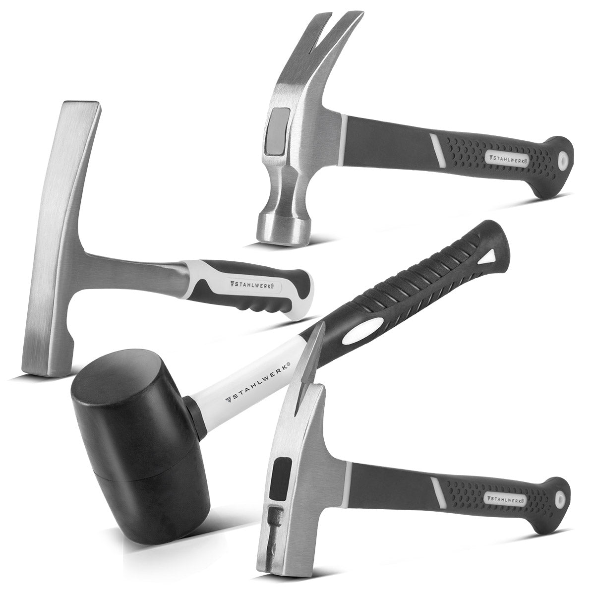 Steelworks Hammer 4 Set con Klauenhammer, Maurerhammer, Latthammer e Rubber Hammer