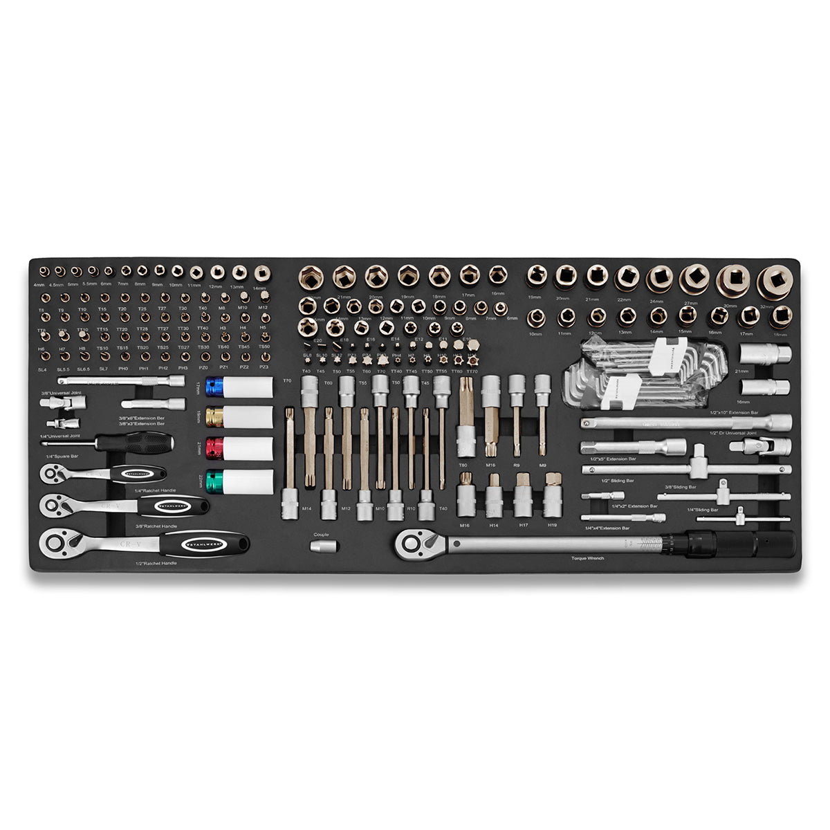 Steelworks 186-part bit and socket key set in a workshop car insert | High quality CRV tool | 3/8 ", 1/2" and 1/4 "Ratchet, bit and socket key set | with torque wrench 20-210 Nm