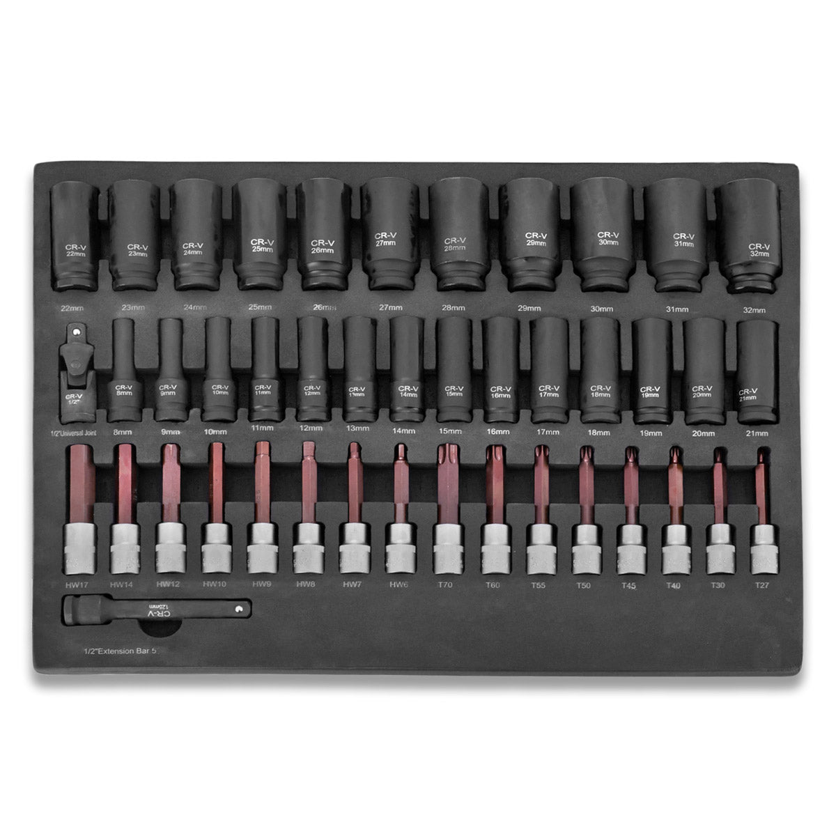 Chiave di socket da 43 parti di acciaio impostata in insert in schiuma per auto a workshop | Chiavi esagonali di alta qualità all'interno e all'esterno con una registrazione da 1/2 "| Inquinamento torsionale elevato | tutte le dimensioni comuni