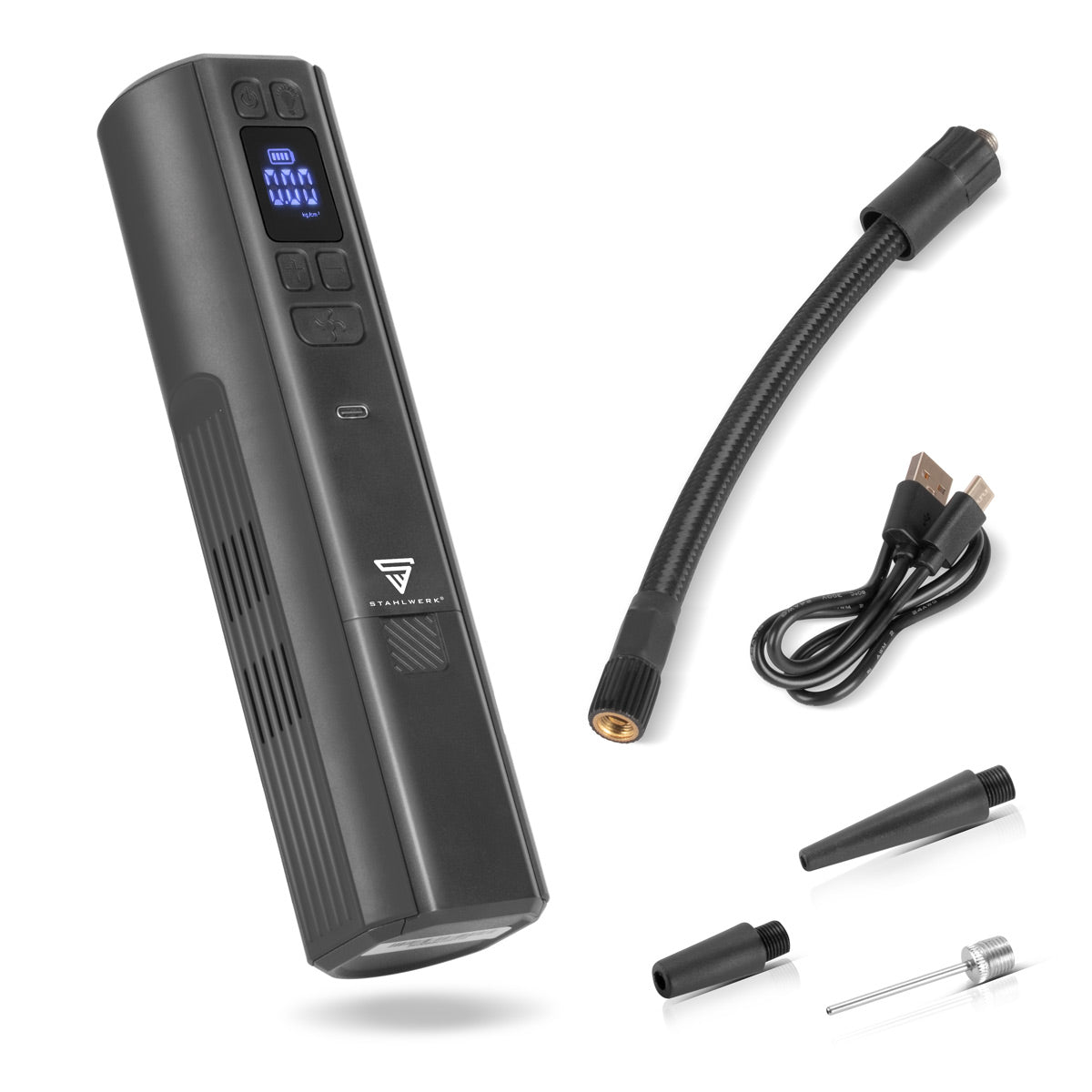 STAHLWERK Akku-Kompressor HF-800 ST | Reifenkompressor mit 4.000 mAh Lithium-Akku | 80 W Leistung, max. 4,2 bar | Digitaldisplay mit psi/bar/kg/cm² | Automatik-Abschaltung | LED-Arbeitslicht