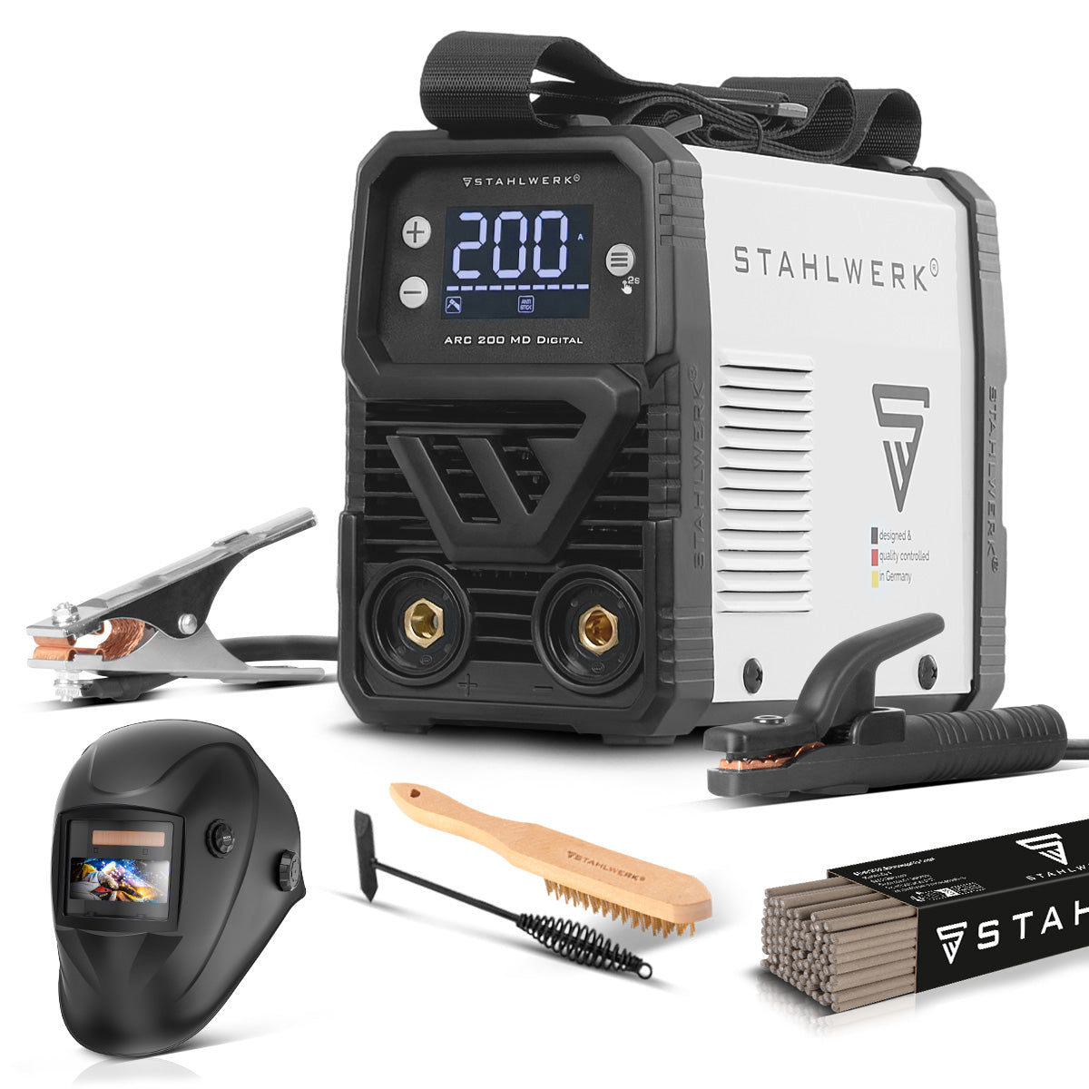 STAHLWERK ARC 200 MD Digital Elektroden-Schweißgerät DC Vollausstattung MMA / E-Hand, Lift-TIG | Echte 200 Ampere | Digital-Display mit Menü | Hotstart, Anti-Stick, ARC-Force, VRD | Smart-Kühlung | IGBT-Technologie