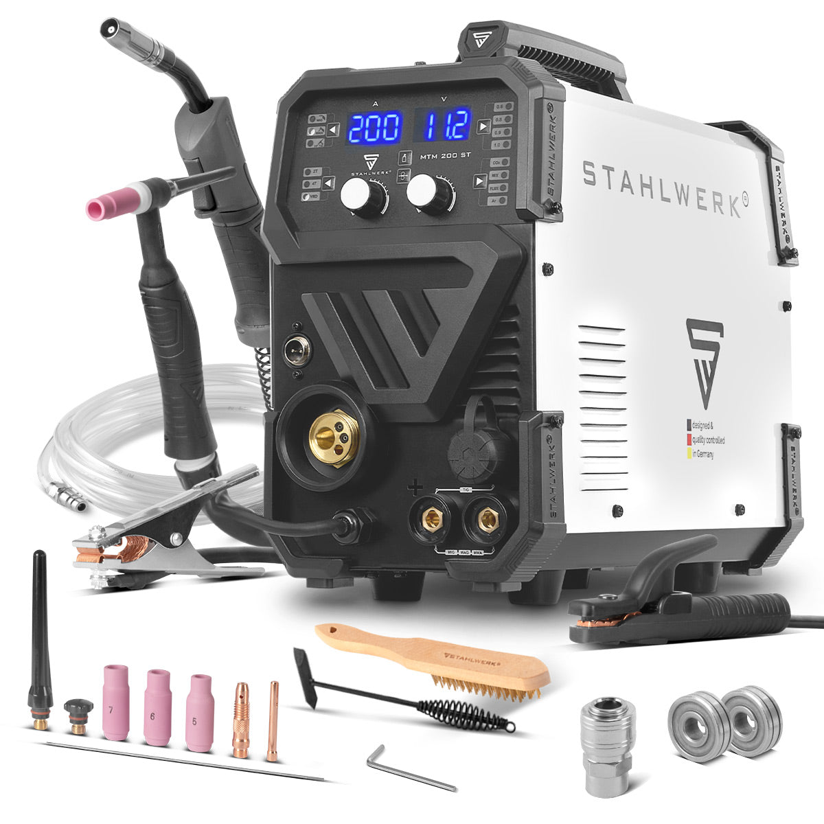 STAHLWERK MTM-200 ST ماكينة لحام بالغاز الخامل 3 في 1 | 200 عاكس مركب لحام TIG، MIG/MAG، MMA، FLUX، CuSi3 | اشتعال التردد العالي | مغذي الأسلاك التآزرية | VRD وHotstart | وضع 2 شوط / 4 شوط
