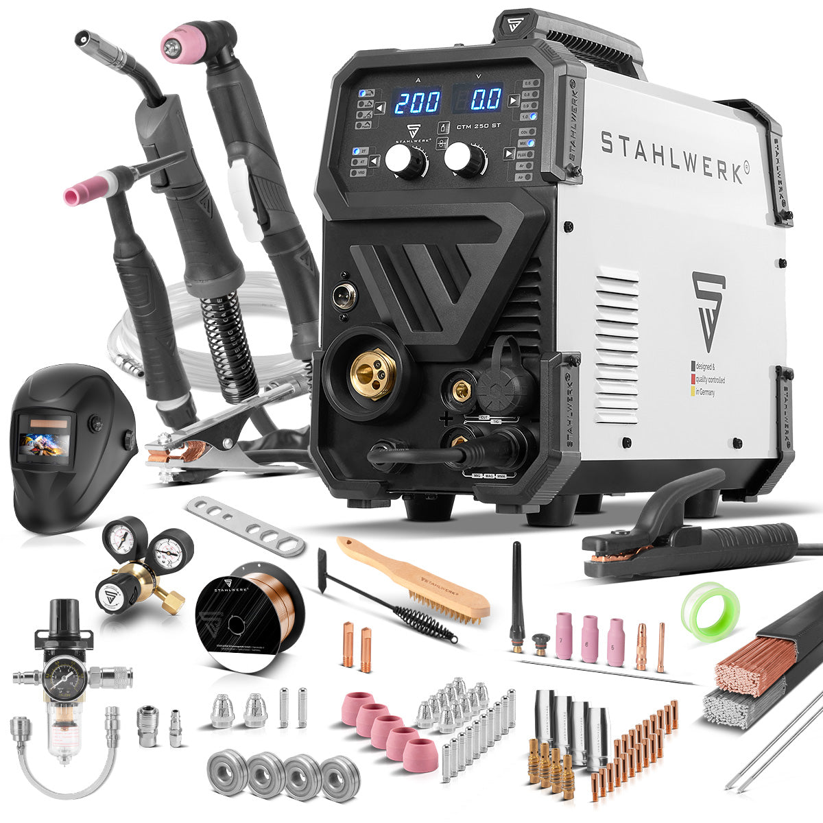Soldadora combinada STAHLWERK CTM-250 ST totalmente equipada con función TIG + MIG/MAG + MMA/ARC + CUT/Plasma con 200 amperios y 45 amperios función plasma