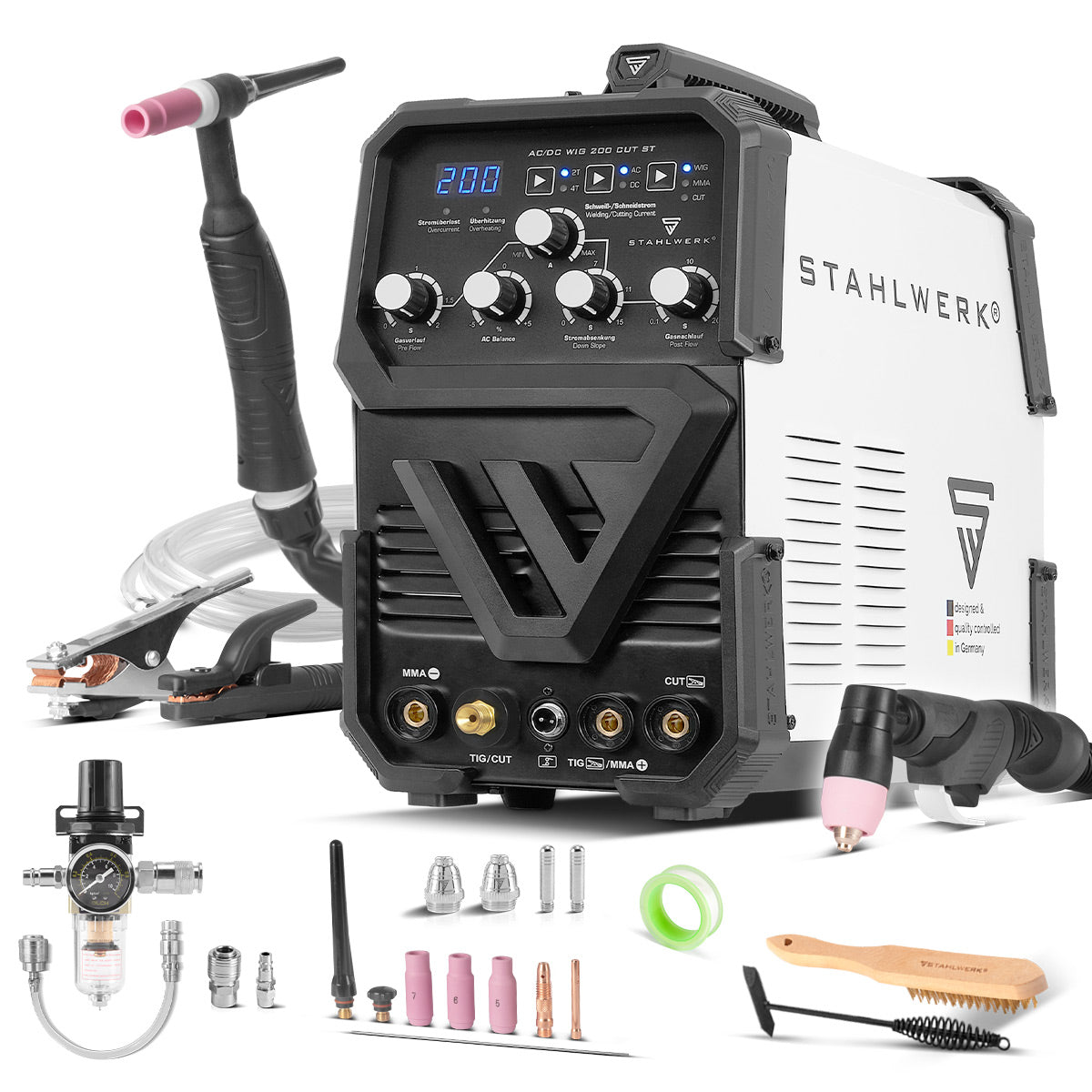 STAHLWERK welding machine AC/DC TIG 200 CUT ST - combination 200 A TIG MMA welding machine with 45 A CUT plasma cutter, suitable for ALU