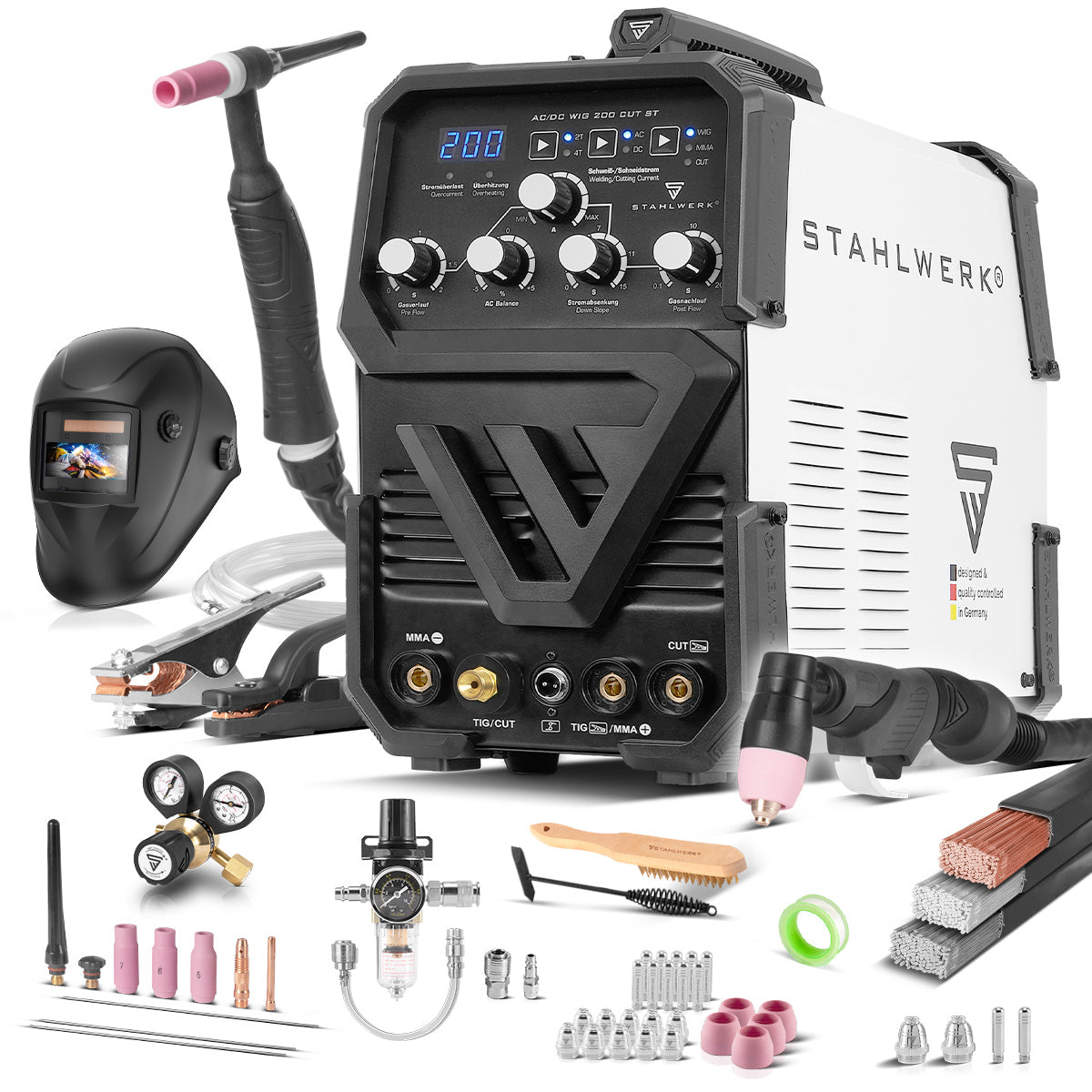 STAHLWERK welding machine AC/DC TIG 200 CUT ST fully equipped combination 200 A TIG MMA and welding machine 45 A CUT plasma cutter, suitable for ALU