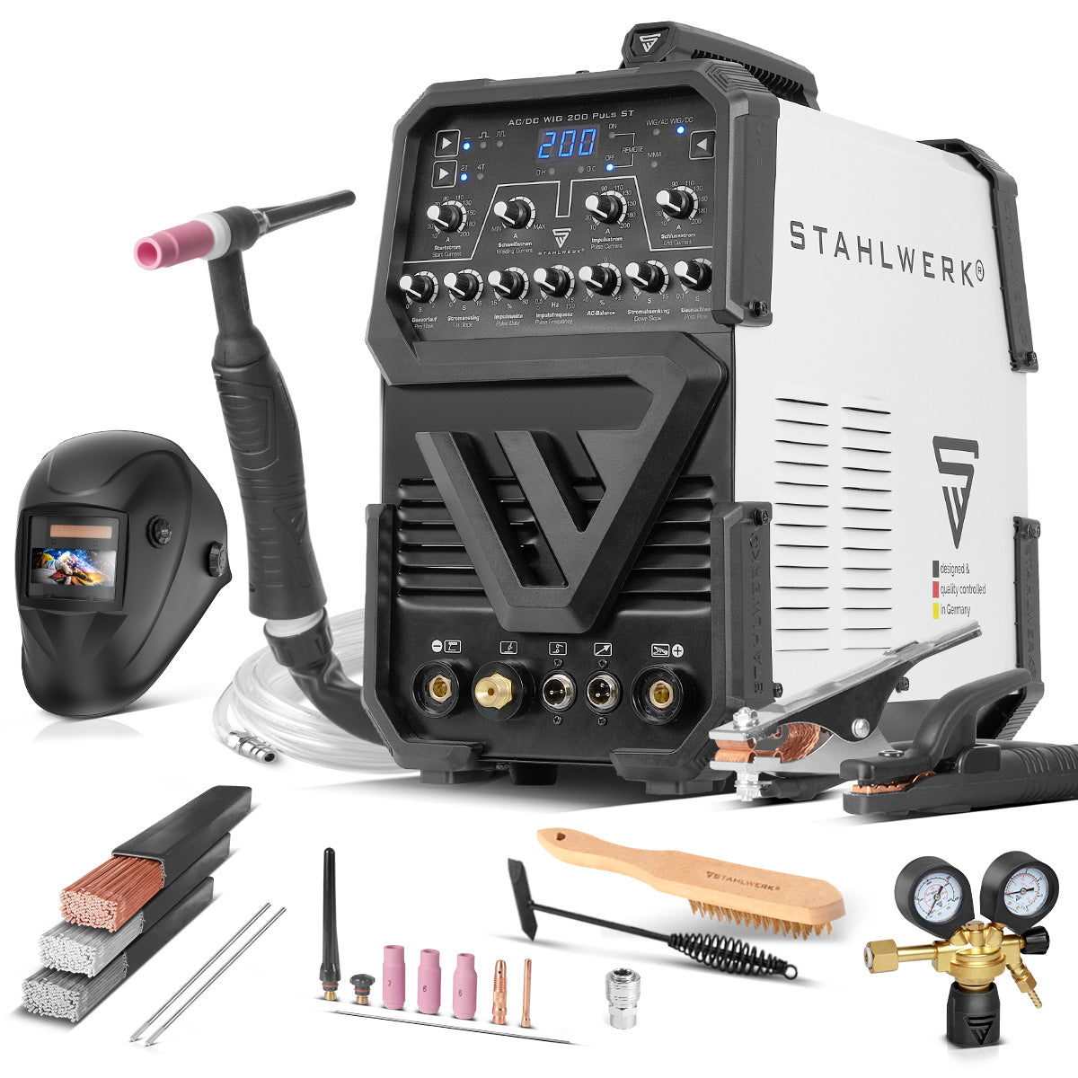 STAHLWERK AC/DC TIG 200 Puls ST completamente equipaggiato | Saldatore TIG da 200 Amp | Convertitore combinato AC/DC TIG e MMA/E-hand | Modalità 2T/4T | Adatto per fogli sottili | Modalità AC per alluminio