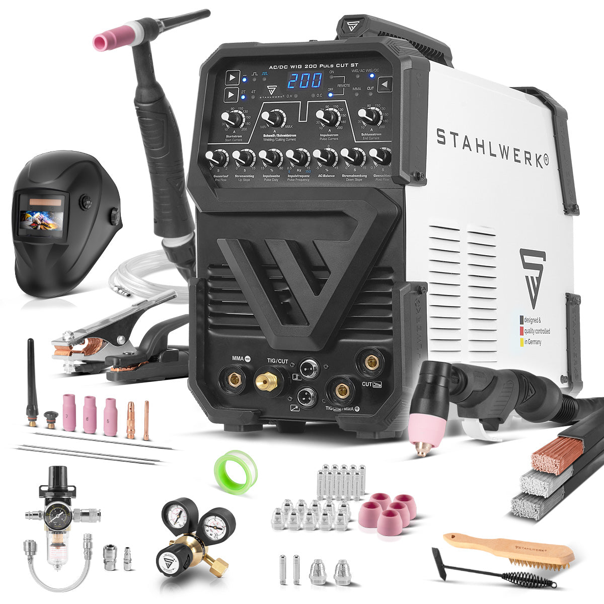STAHLWERK welding machine AC/DC TIG 200 Pulse CUT ST fully equipped welding machine with 200 A TIG & MMA, suitable for aluminum & thin sheet, combination device with 45 A CUT function