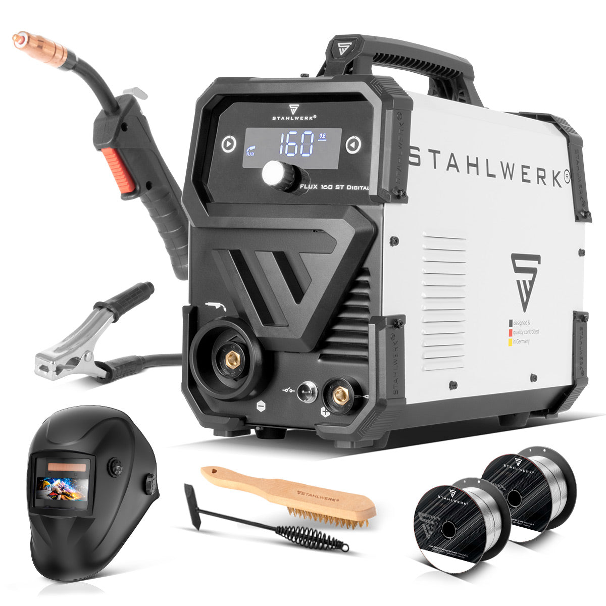 ماكينة لحام STAHLWERK FLUX 160 ST Digital مع 160 أمبير معدات كاملة وتغذية سلكية تآزرية ووظيفة رفع TIG وMMA للحام بدون غاز واقي