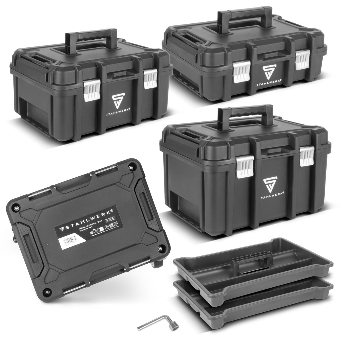 STAHLWERK Toolbox Set | 3 stapelbare Werkzeugkisten | Fahrbarer Werkzeug-Trolley mit Rollbrett | Flexibles Modul-System mit Sortimentsboxen | Mobile Werkzeugboxen mit Kleinteil-Organizern