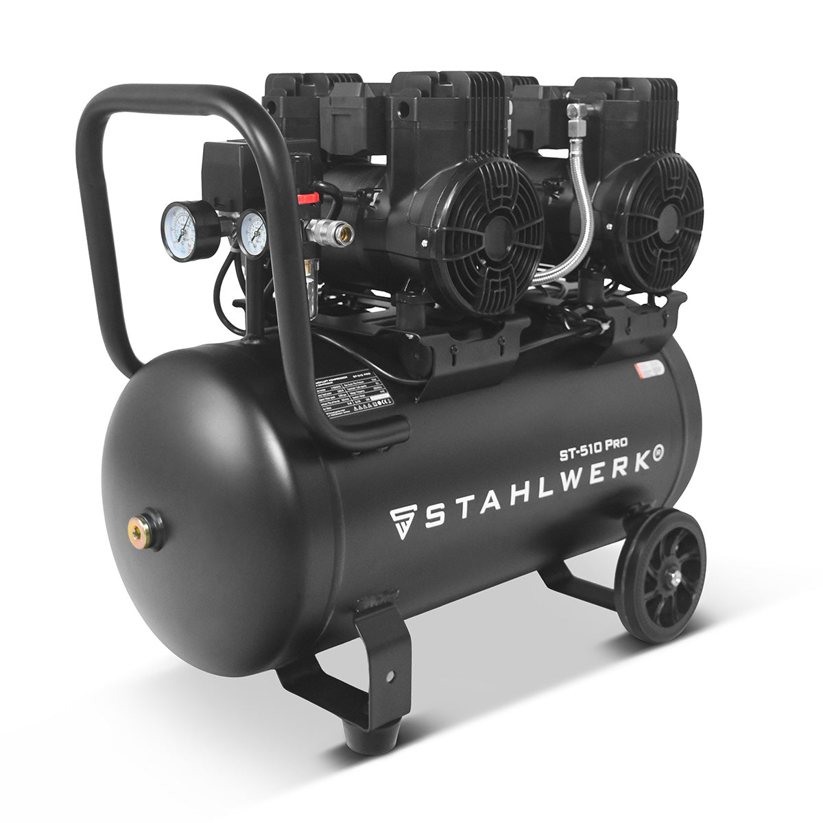 STAHLWERK Kompressor ST-510 Pro mit 10 bar | 3,94 PS | 2,9 kW | 500 l/min | 50 L Tank ölfreier Druckluft-Kompressor | Kolben-Kompressor | Silent-Kompressor | Flüster-Kompressor mit Brushless-Motoren