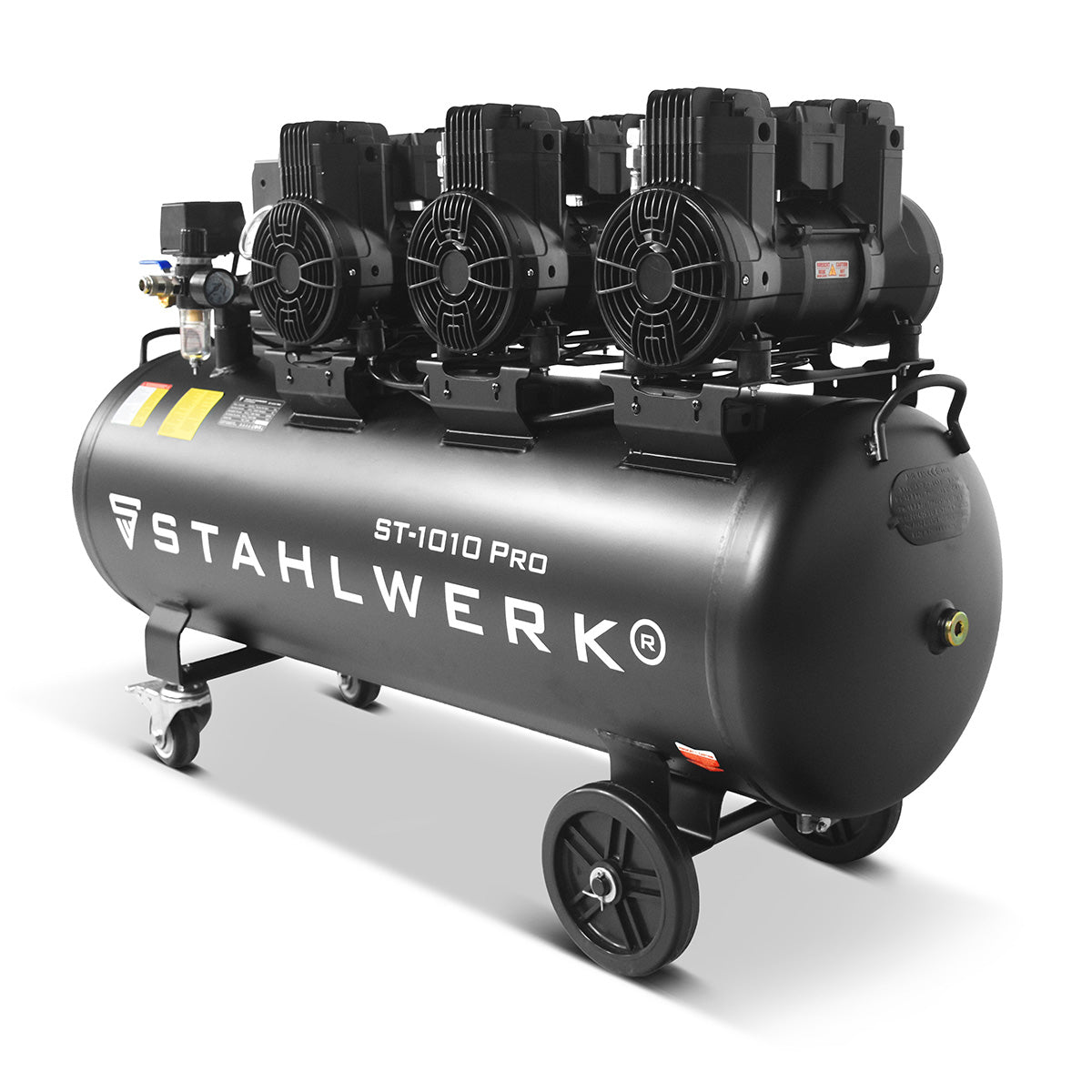 STAHLWERK Kompressor ST-1010 Pro mit 10 bar | 5,91 PS | 4,35 kW | 750 l/min | 120 L Tank ölfreier Druckluft-Kompressor | Kolben-Kompressor | Silent-Kompressor | Flüster-Kompressor mit Brushless-Motoren