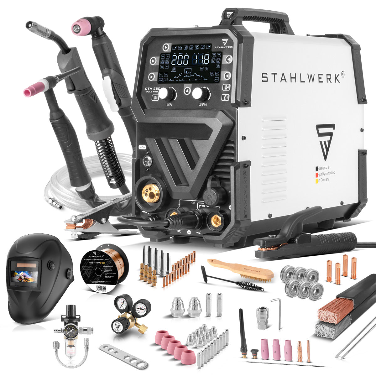 STAHLWERK Kombi-Schweißgerät CTM-250 Puls Pro 6-in-1 Schweißgerät mit 200 A | Vollausstattung | 45 A Plasmaschneider | Puls-Funktion | Synergischer Drahtvorschub | WIG | MIG MAG | PULS | MMA | FLUX