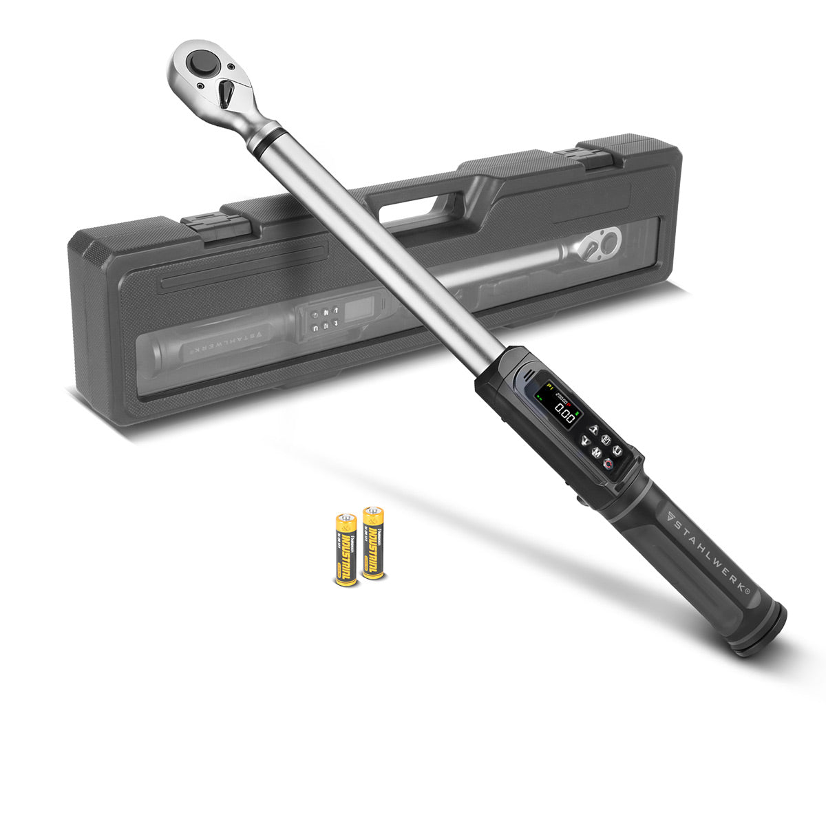 STAHLWERK Digitaler Drehmomentschlüssel 3-200 Nm 1/2“-Aufnahme | 72 Zähne | 510 mm | mit Eichzertifikat| Umschaltknarre | Ratschenschlüssel | Ratsche | LED-Anzeige und Transportbox