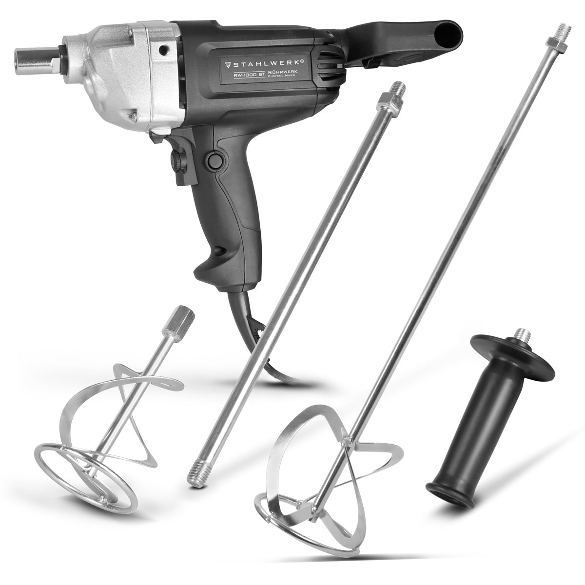 STAHLWERK Rührwerk RW-1000 ST | 1.000 W und 550 U/min | Elektrischer Mörtelrührer mit Zusatz-Quirl 120 x 600 mm | Drehzahlregelung und Rechts- Linkslauf | Betonrührer | Farbrührer | Farbmischer