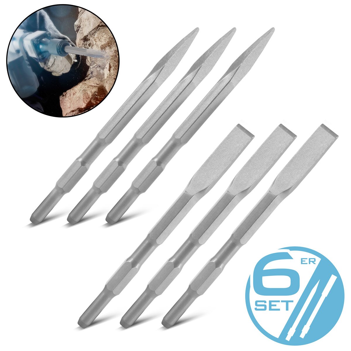 STAHLWERK Meißel 6er Set mit 3 Flachmeißeln und 3 Spitzmeißeln 17 x 260 mm Sechskant-Aufnahme für Abbruchhammer | Stemmhammer | Meißelhammer | Schlaghammer | Bohrhammer | Abrisshammer