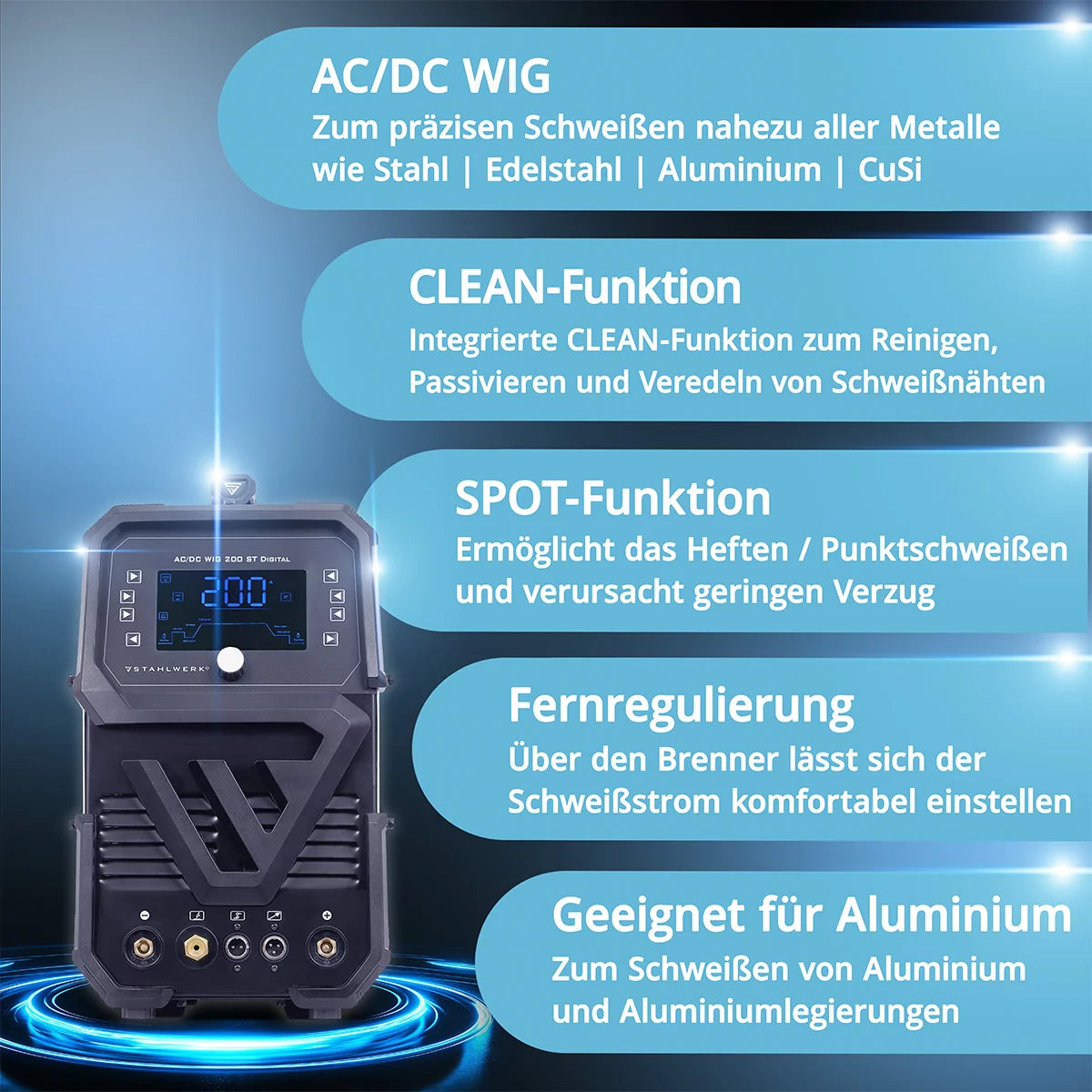 STAHLWERK Schweißgerät AC/DC WIG 200 ST Digital 2026 | 3-in1 Kombi-Schweißgerät | Spot-Funktion | Integrierte Clean-Funktion | Alu-geeigneter WIG/MMA Inverter mit 200 A | Fernregelbar | Digitales Bedienfeld