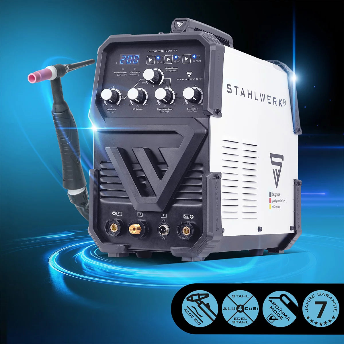 ستالويرك مكيف/تيار مستمر TIG 200 ST | ماكينة لحام TIG بقوة 200 أمبير | محول مدمج AC/DC TIG وMMA/E-Hand | اشتعال التردد العالي | Hotstart و Anti-Stick | وضع 2T و4T | لحام AC TIG للألمنيوم