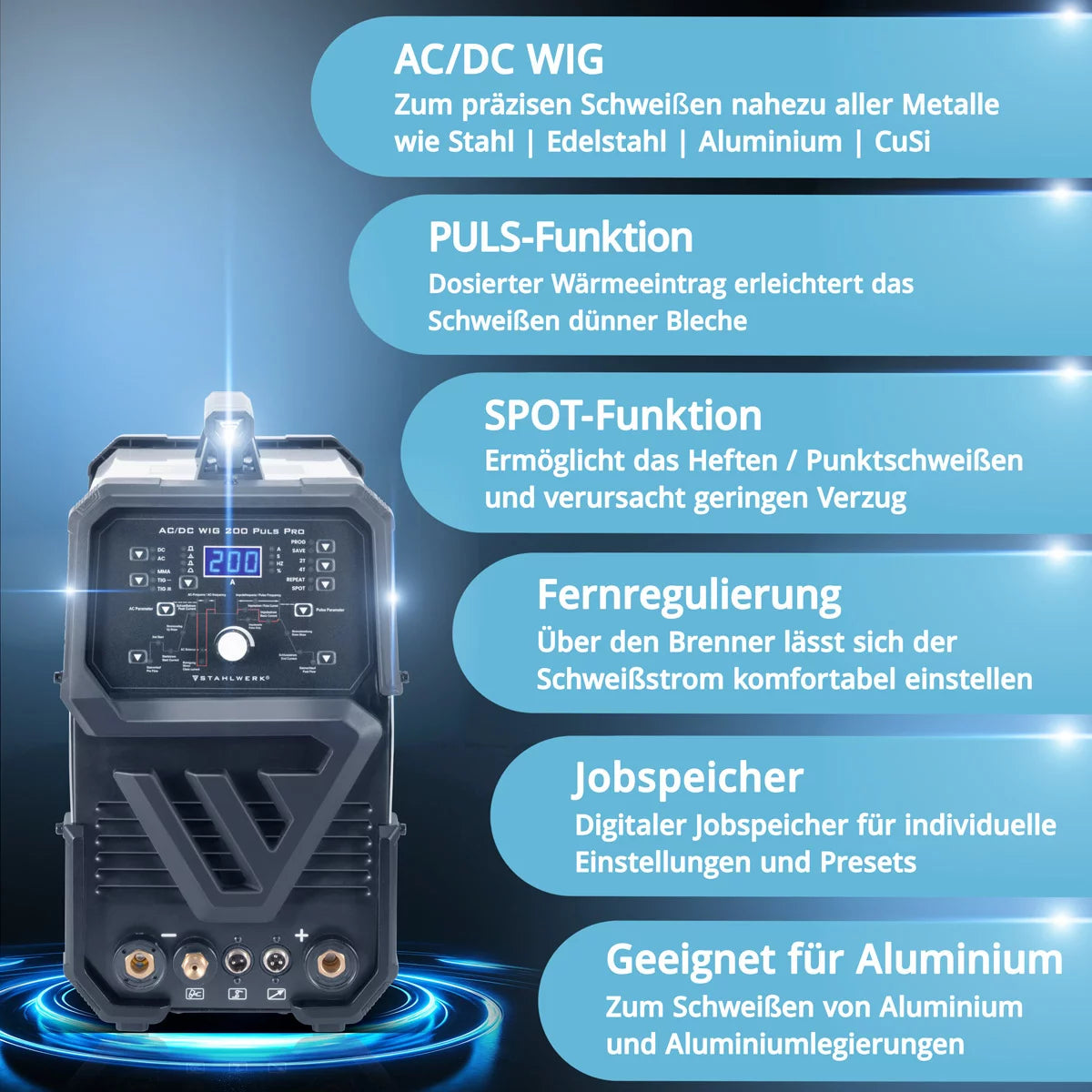 STAHLWERK AC/DC WIG 200 Puls Pro - Digitales Schweißgerät | Inverter mit 200 Ampere, ARC/MMA Funktion, Job-Speicher und IGBT-Technologie, geeignet für Alu und Dünnblech, 7 Jahre Herstellergarantie